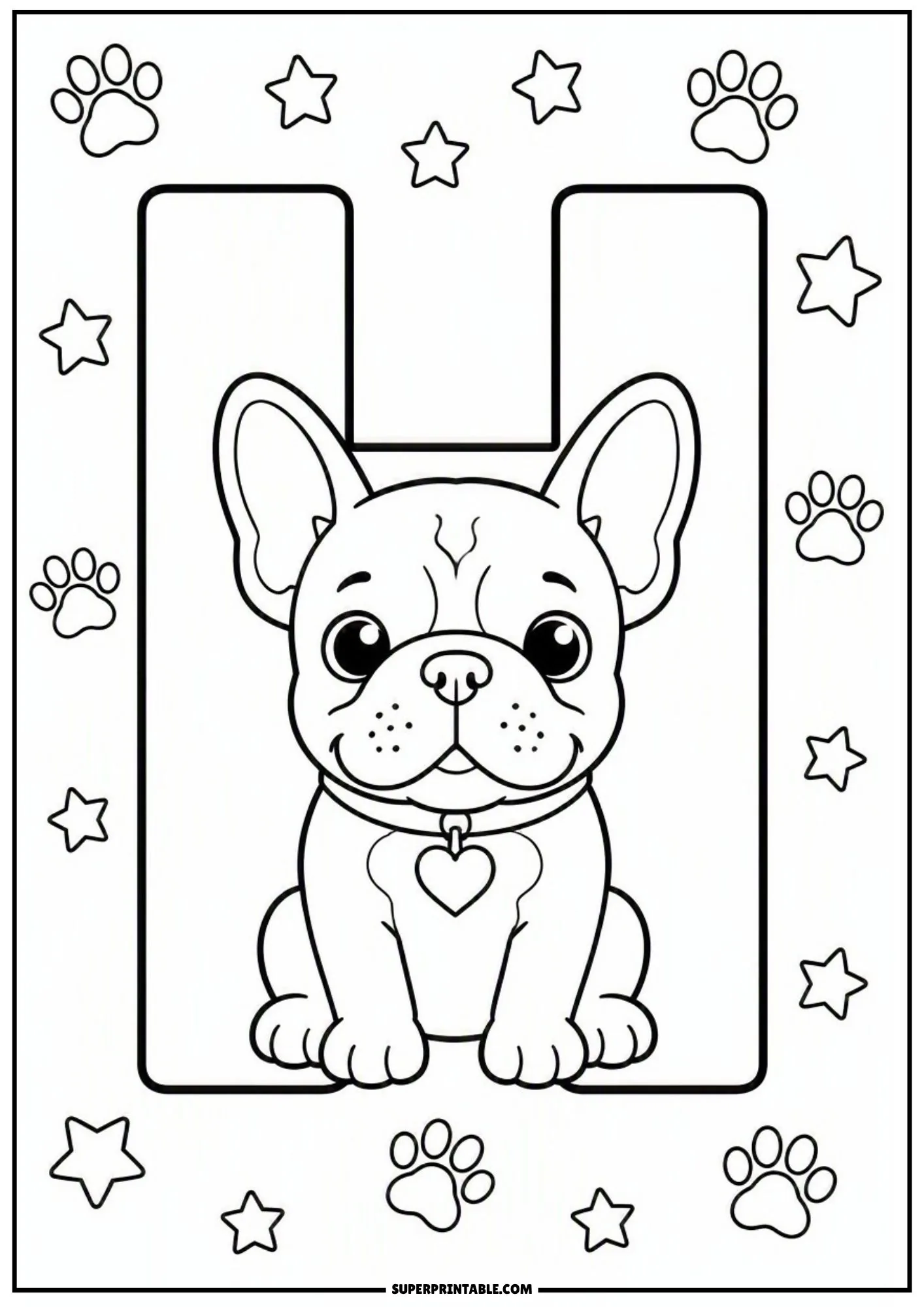 Cute line drawing of a French bulldog sitting under the crossbar of letter H.