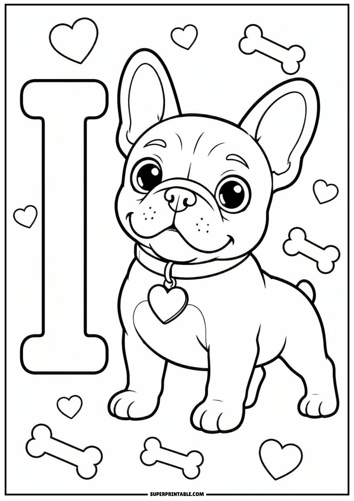 Line art illustration of a French bulldog puppy standing beside capital letter I.