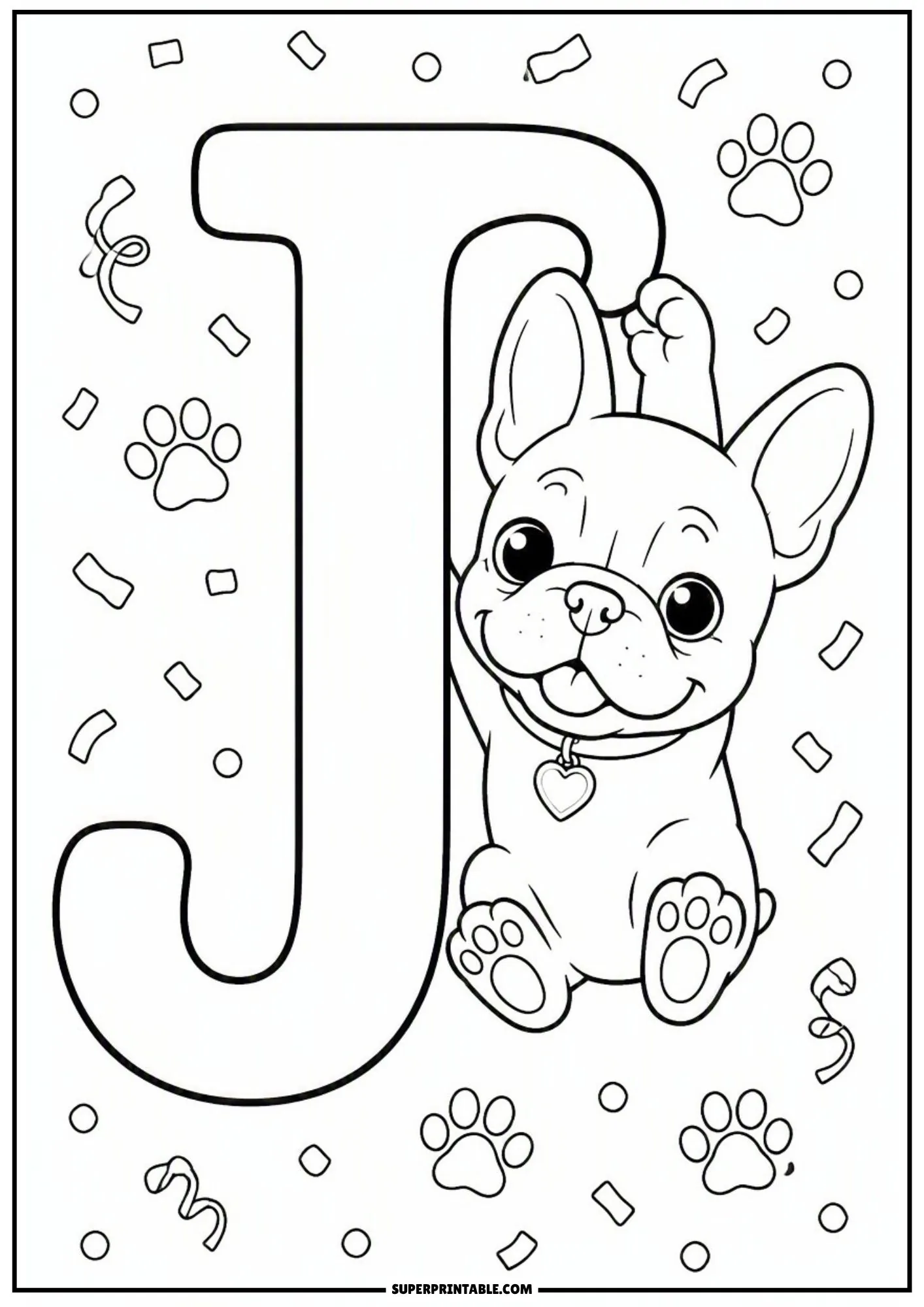 Line art illustration of a French bulldog puppy hanging from a large capital letter J.