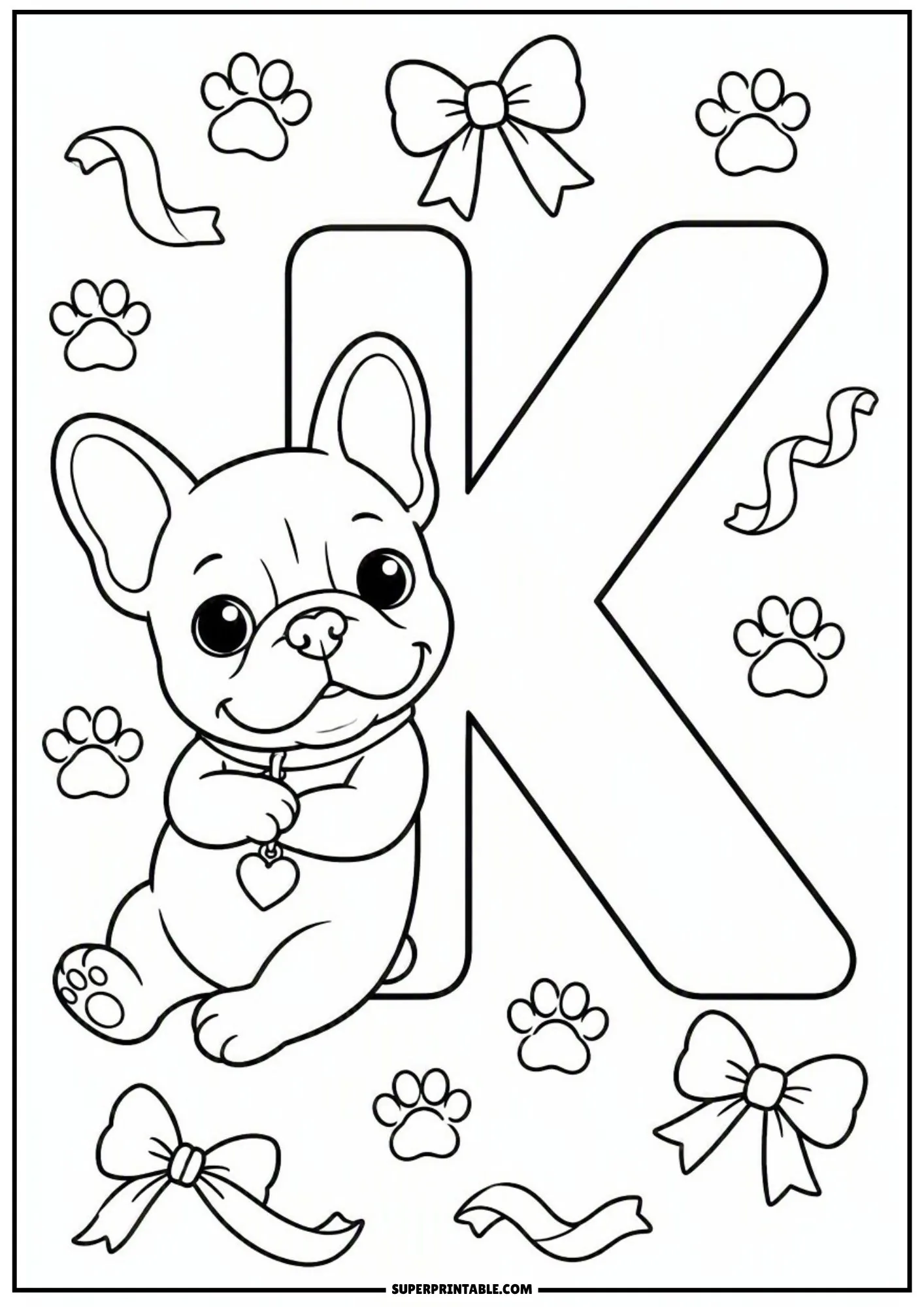 Cute line art of a French bulldog puppy sitting next to a bold capital letter K.
