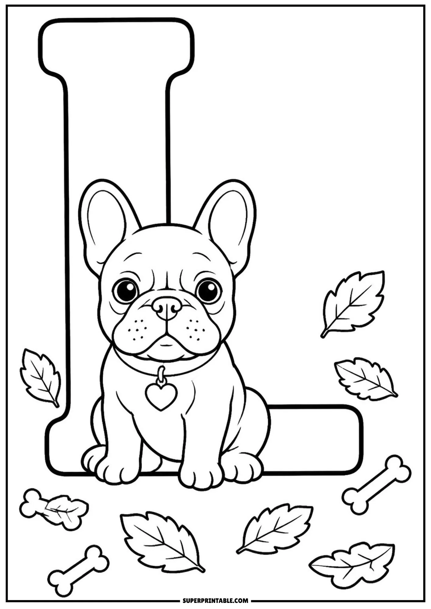French bulldog coloring pages showing a adorable puppy sitting inside letter L with leaves.