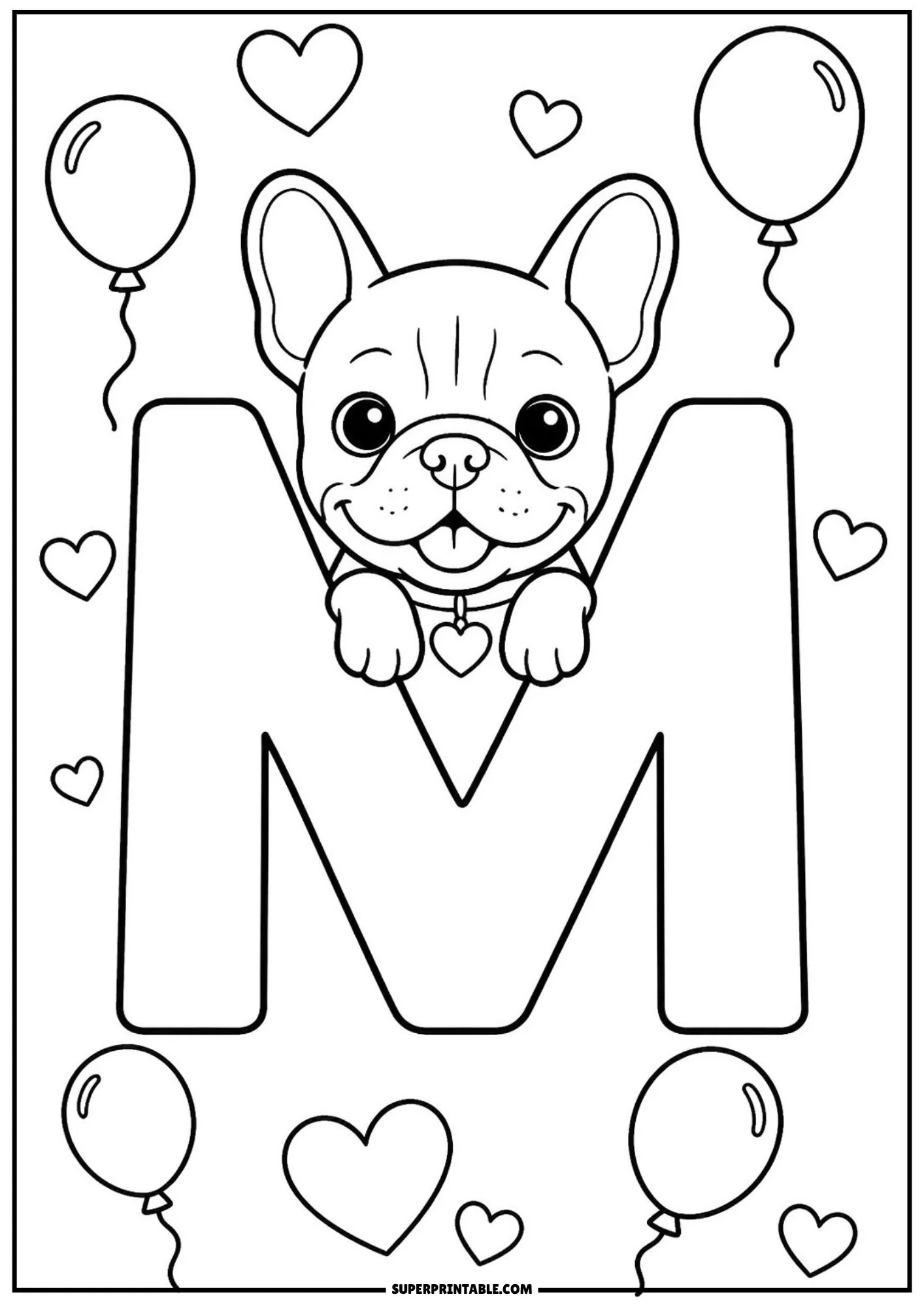 Printable line drawing of a smiling French bulldog peeking over a giant capital letter M.