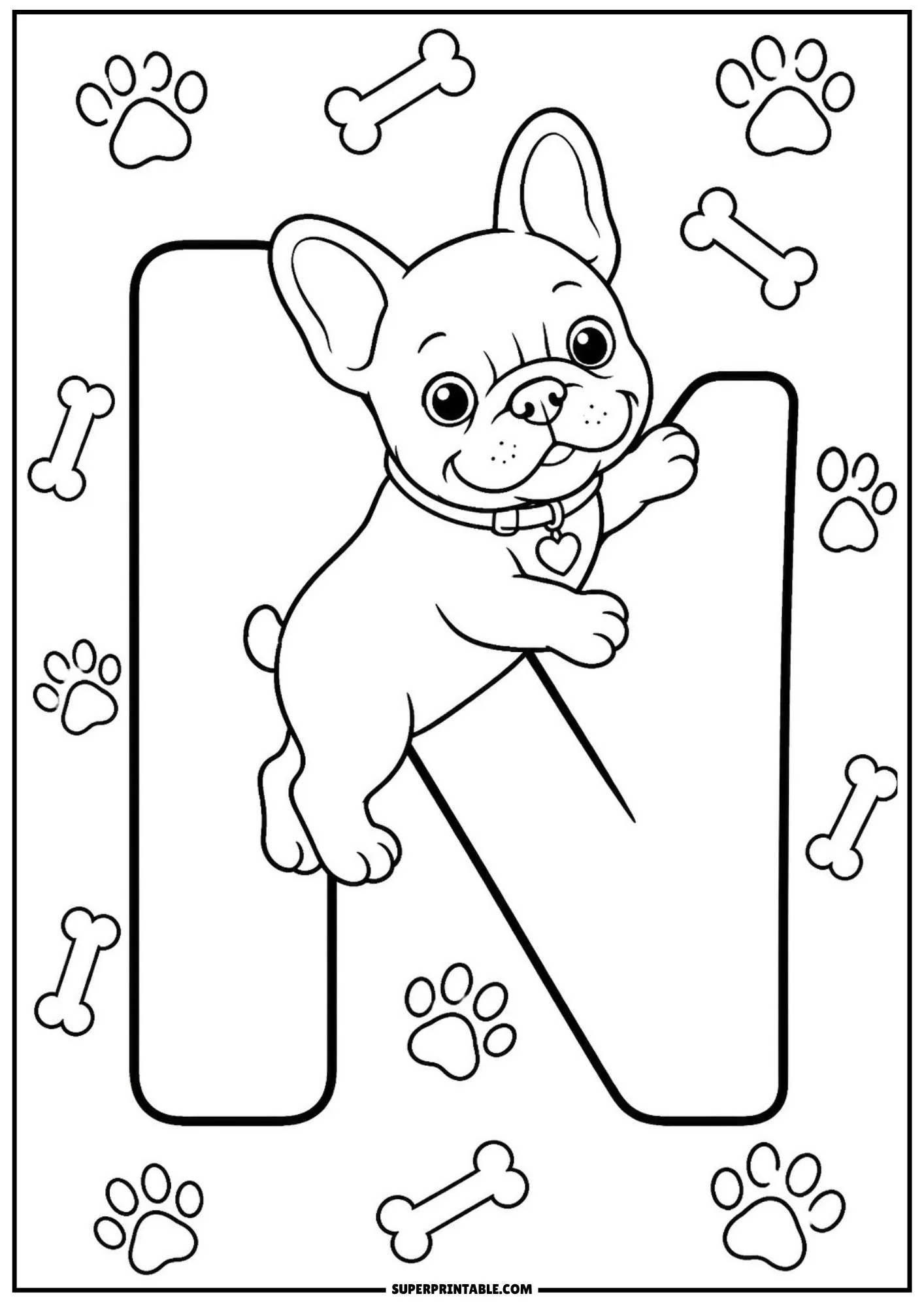 Coloring page outline of a French bulldog pup climbing up a large capital letter N.