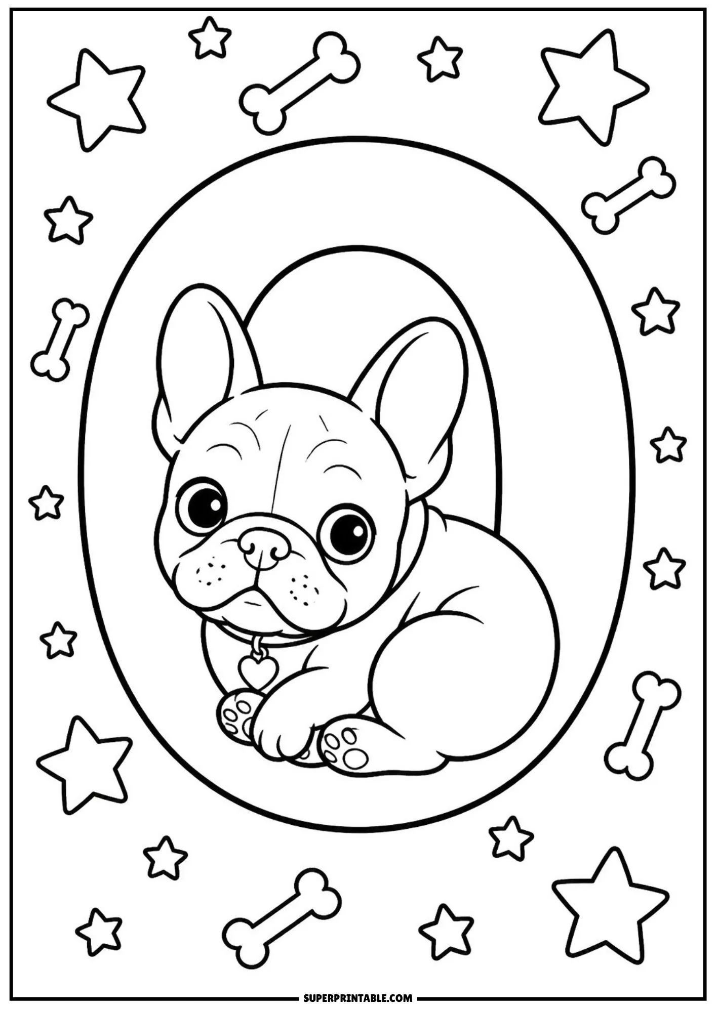 Cute line drawing of a small French bulldog sitting snugly inside a capital letter O.