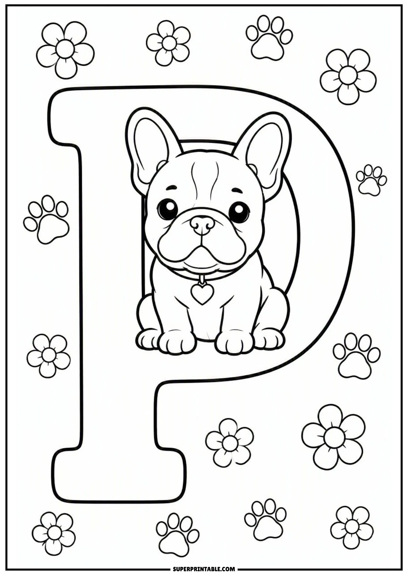 Outline illustration of a French bulldog sitting inside the top loop of letter P.