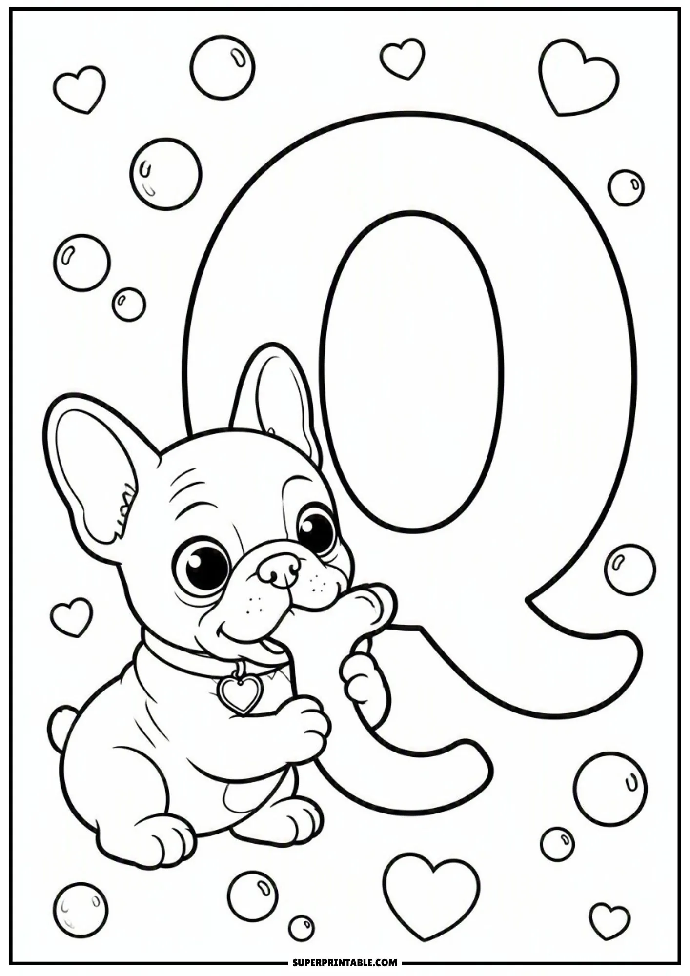 Line art of a playful French bulldog puppy chewing a bone beside capital letter Q.
