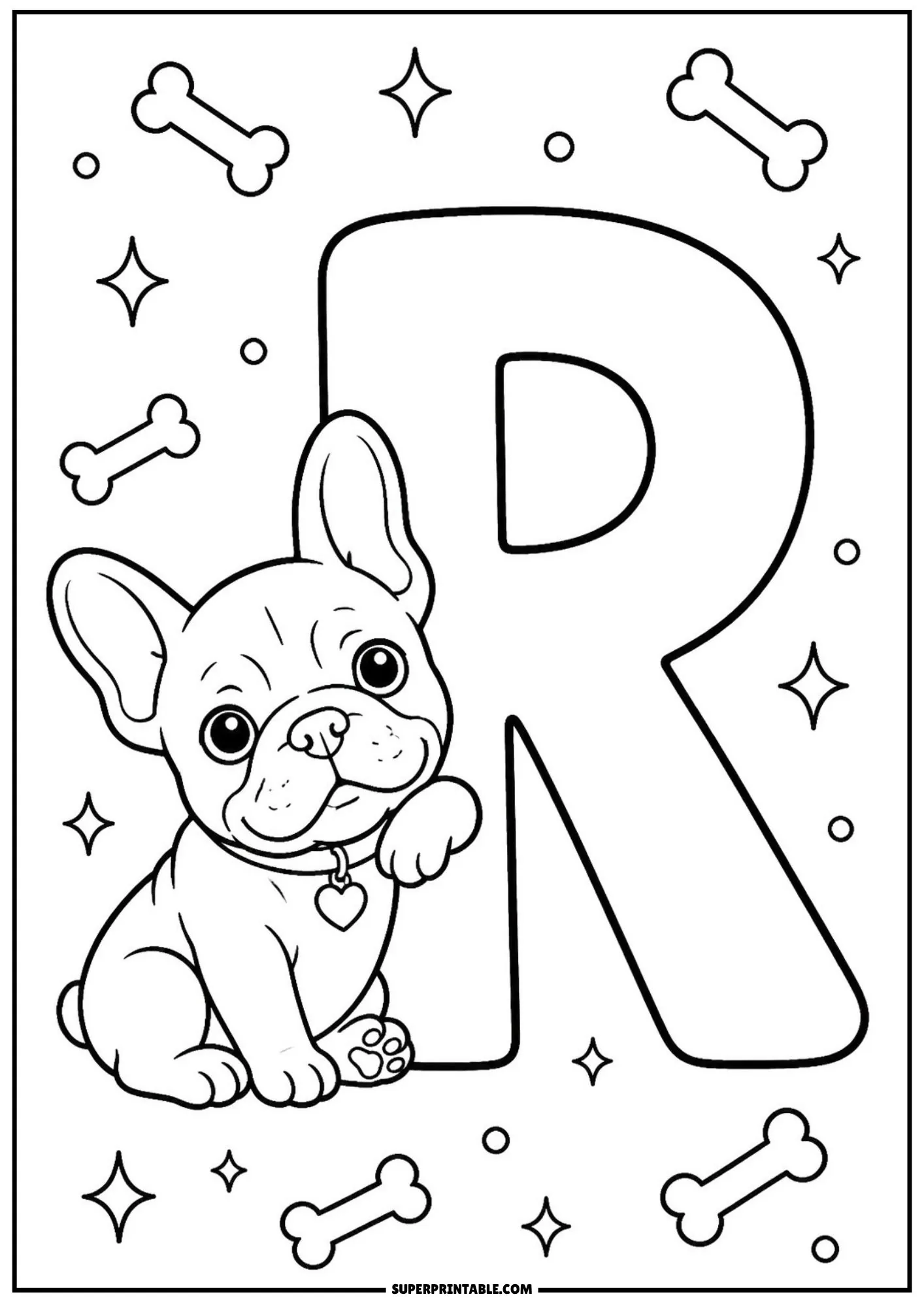 Line drawing of a cute French bulldog sitting happily beside a capital letter R.