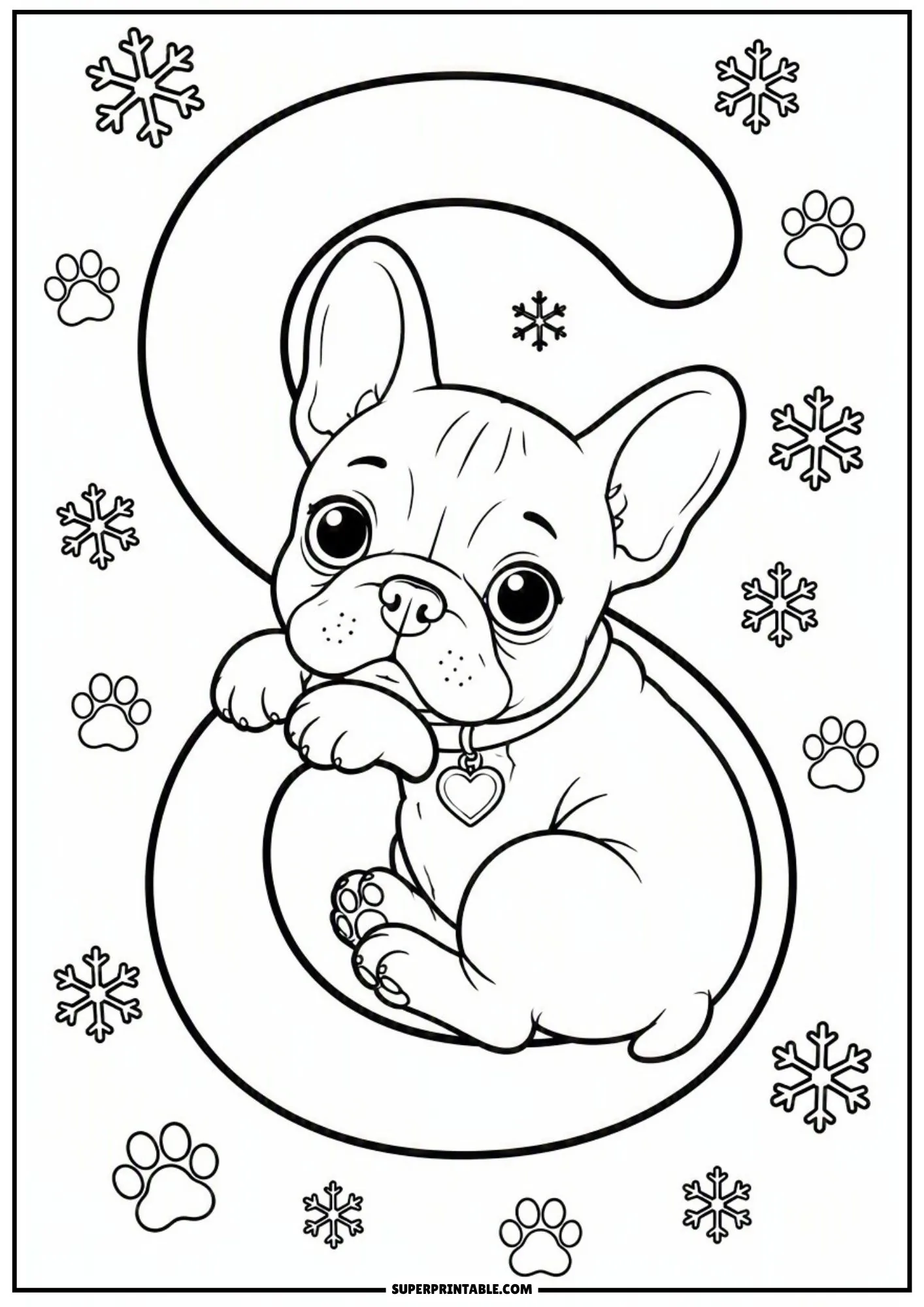 Charming line art of a French bulldog puppy resting inside a curvy letter S.