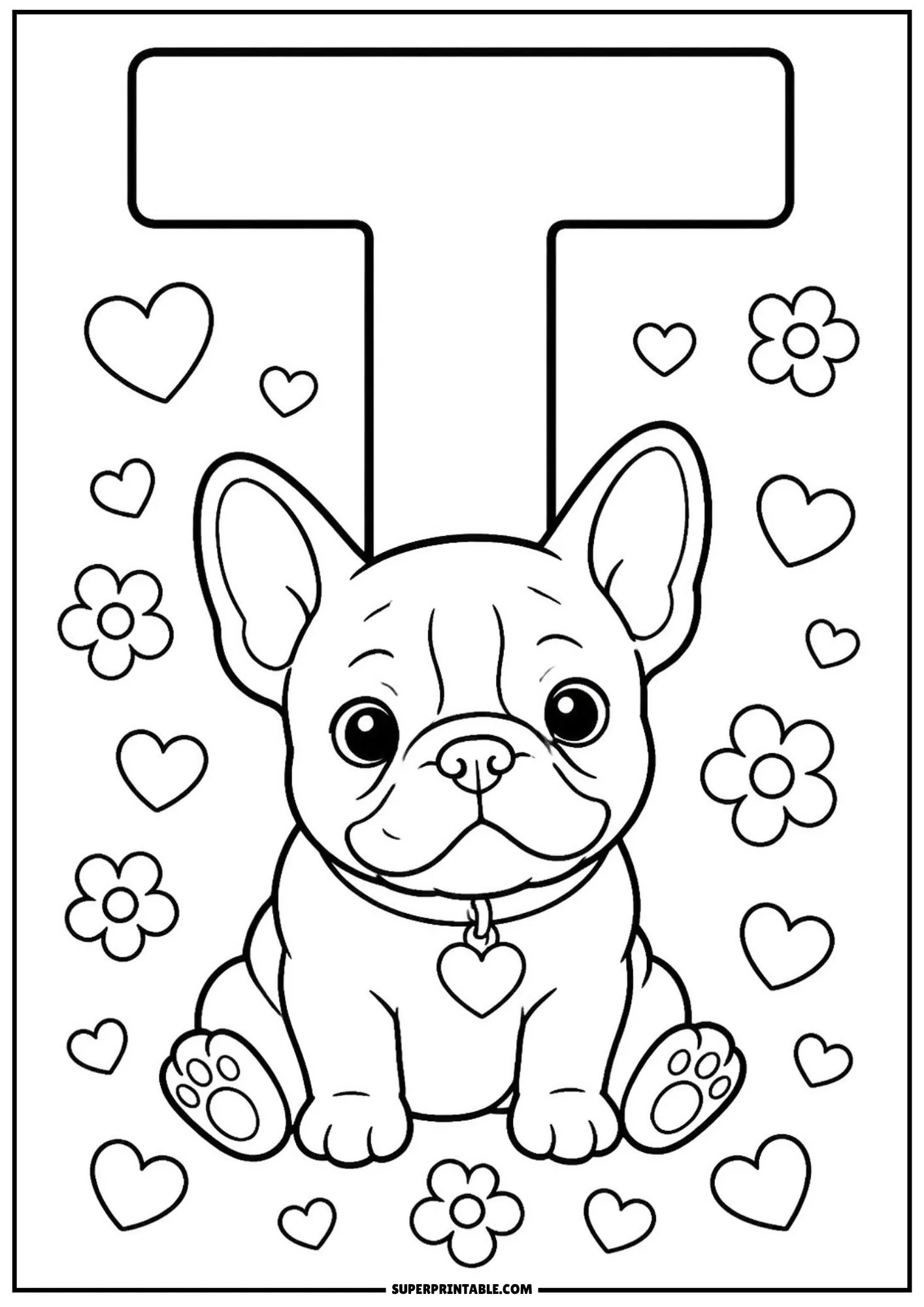 Coloring printable featuring a French bulldog sitting beneath a bold letter T.