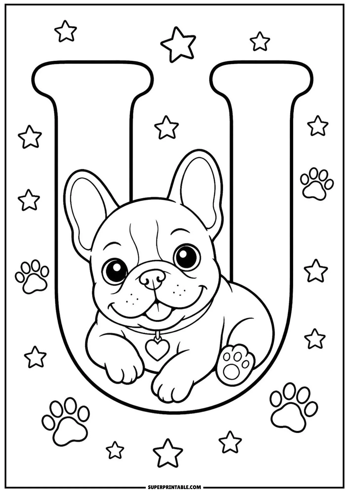 Line art sheet of a joyful French bulldog resting in the base of a capital letter U.