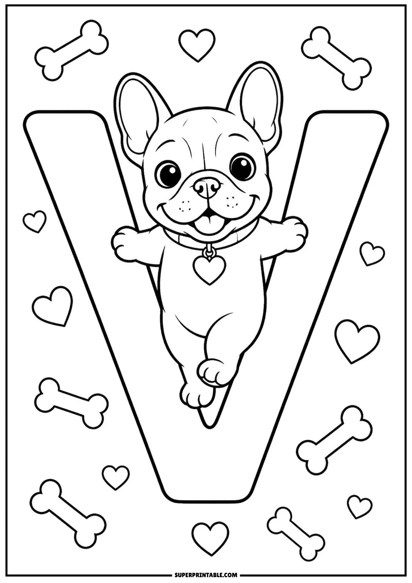 Line drawing showing a cute French bulldog puppy centered inside a big letter V.