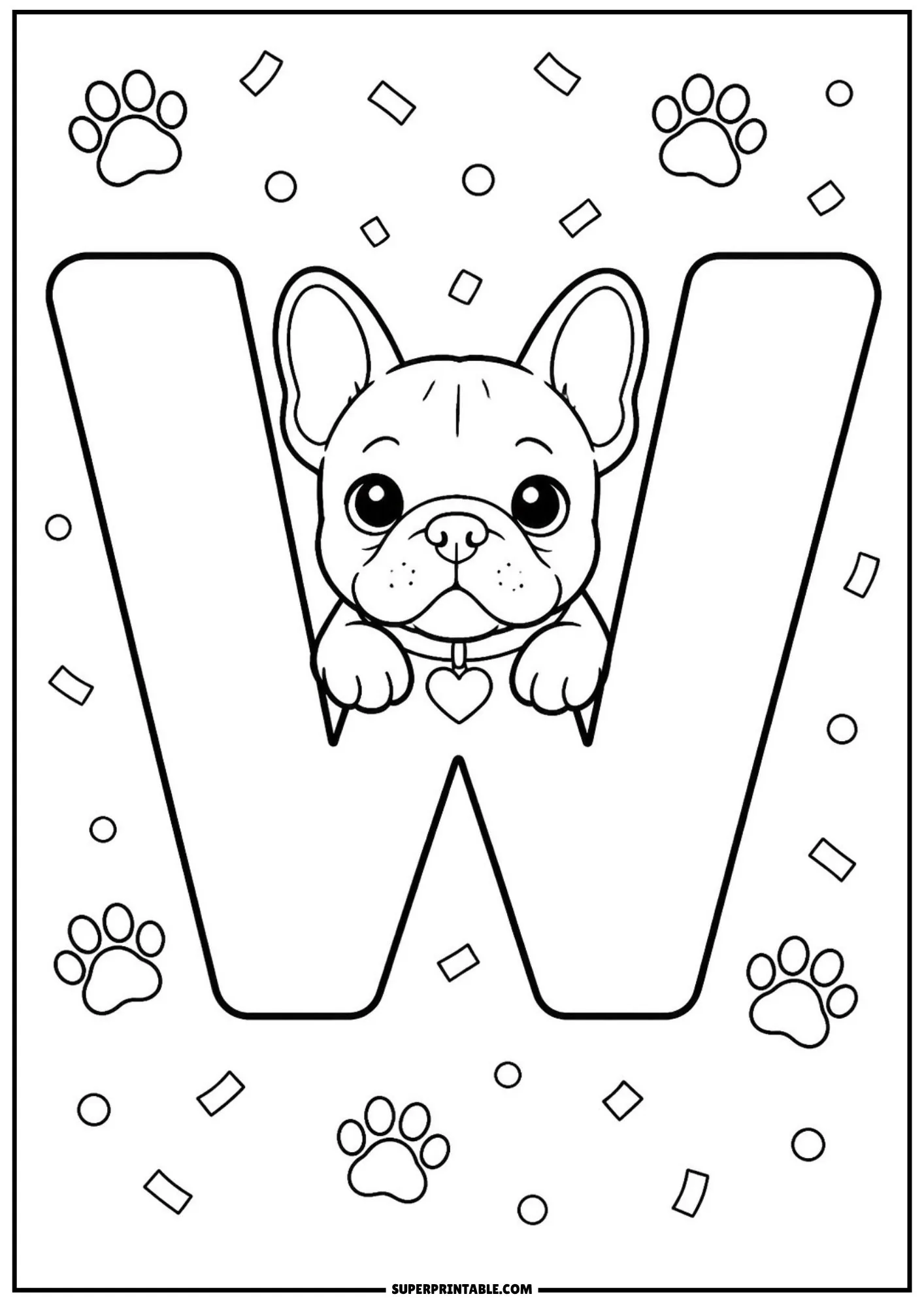Printable line art of a puppy looking out from the middle notch of letter W.