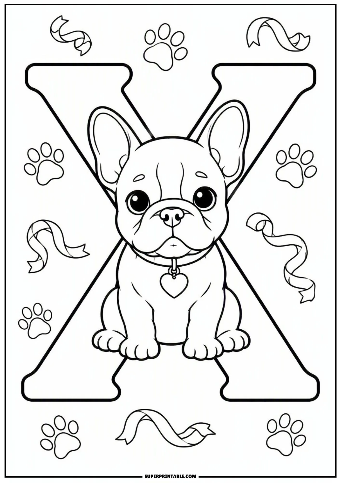 Black and white illustration of a French bulldog puppy sitting over letter X.
