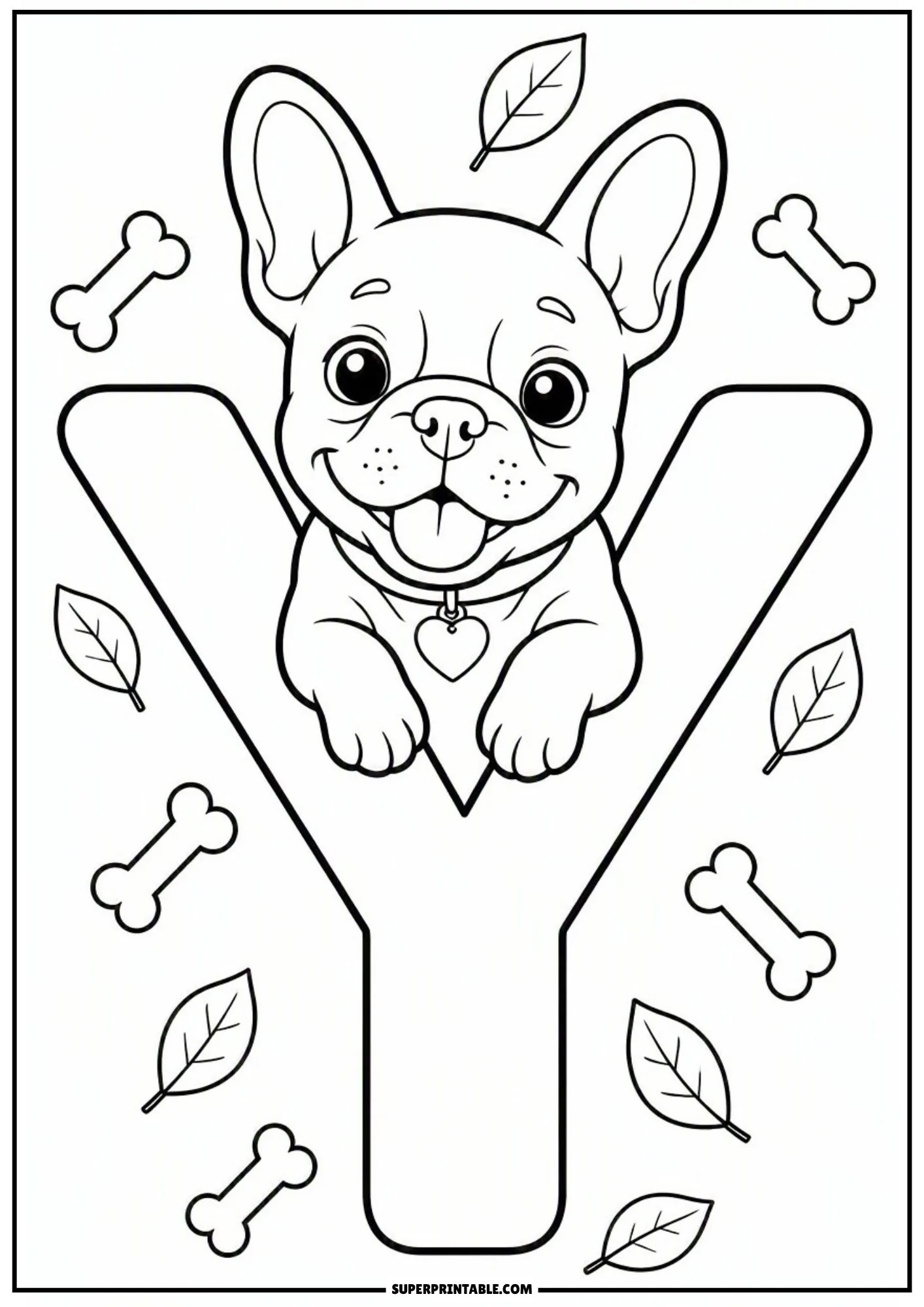 Detailed line drawing of a happy French bulldog puppy resting inside letter Y.