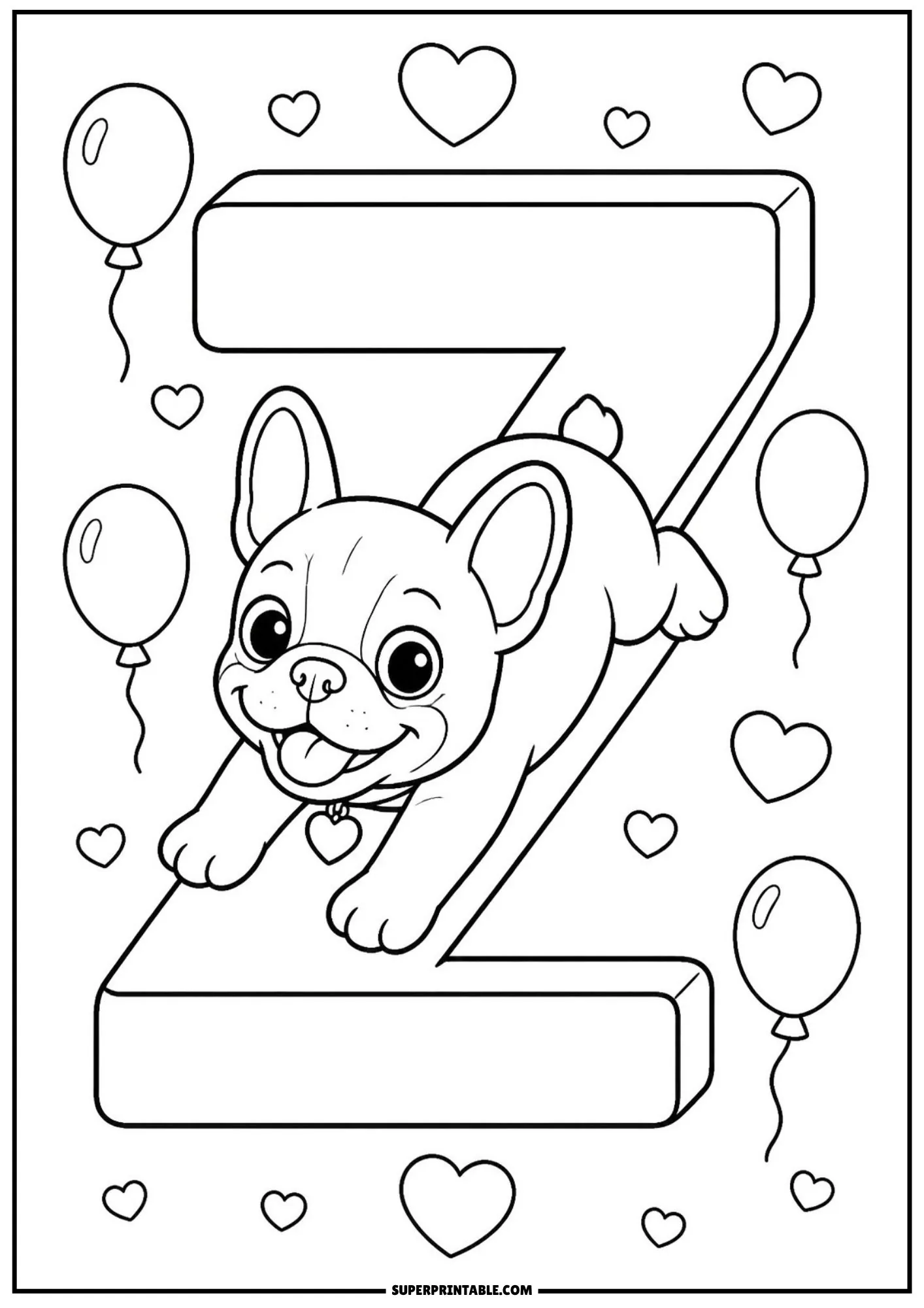 Cute line drawing of an energetic French bulldog puppy sliding down letter Z.