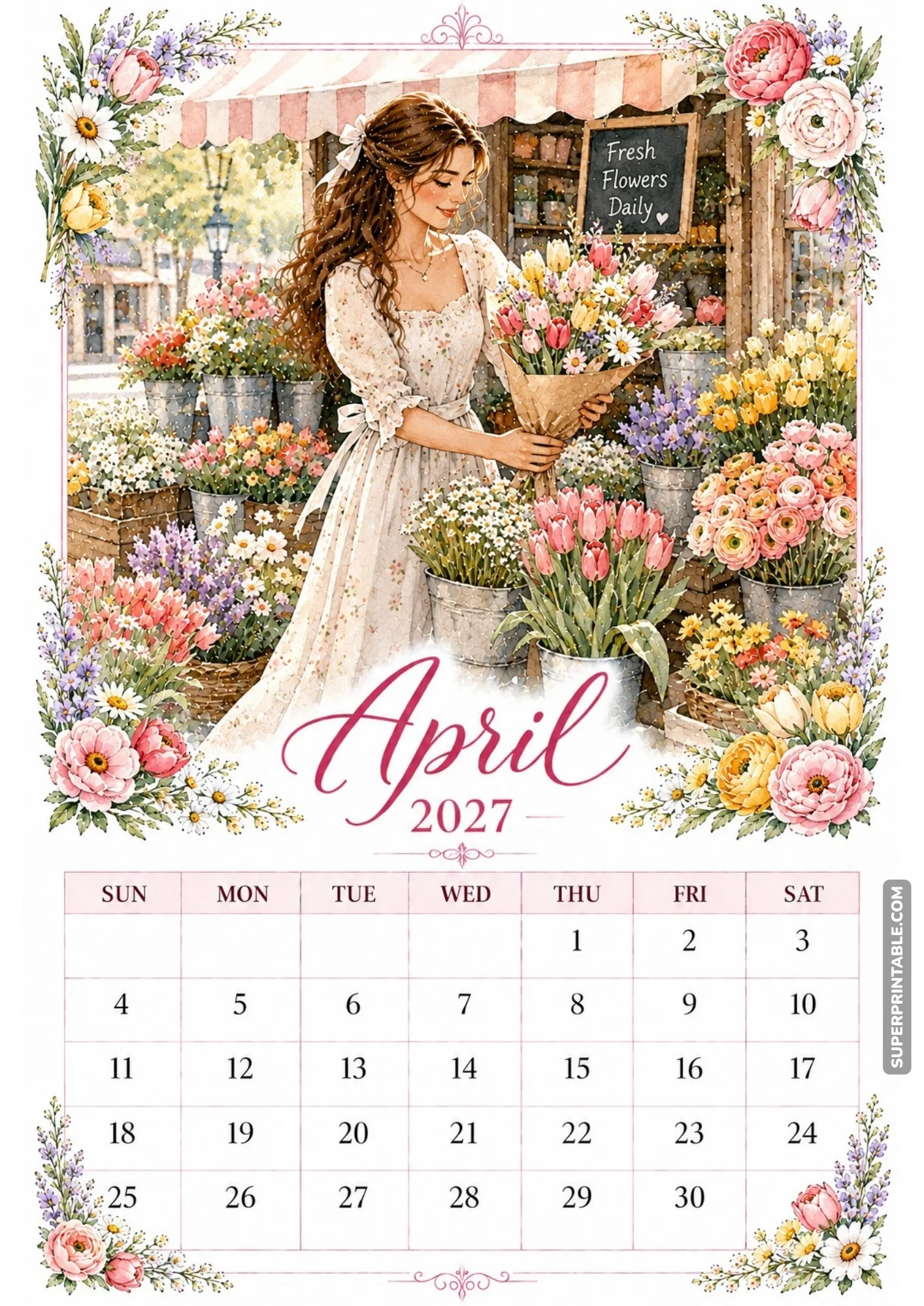 Woman holding a wrapped bouquet of tulips outside a flower market shop with buckets of blossoms.