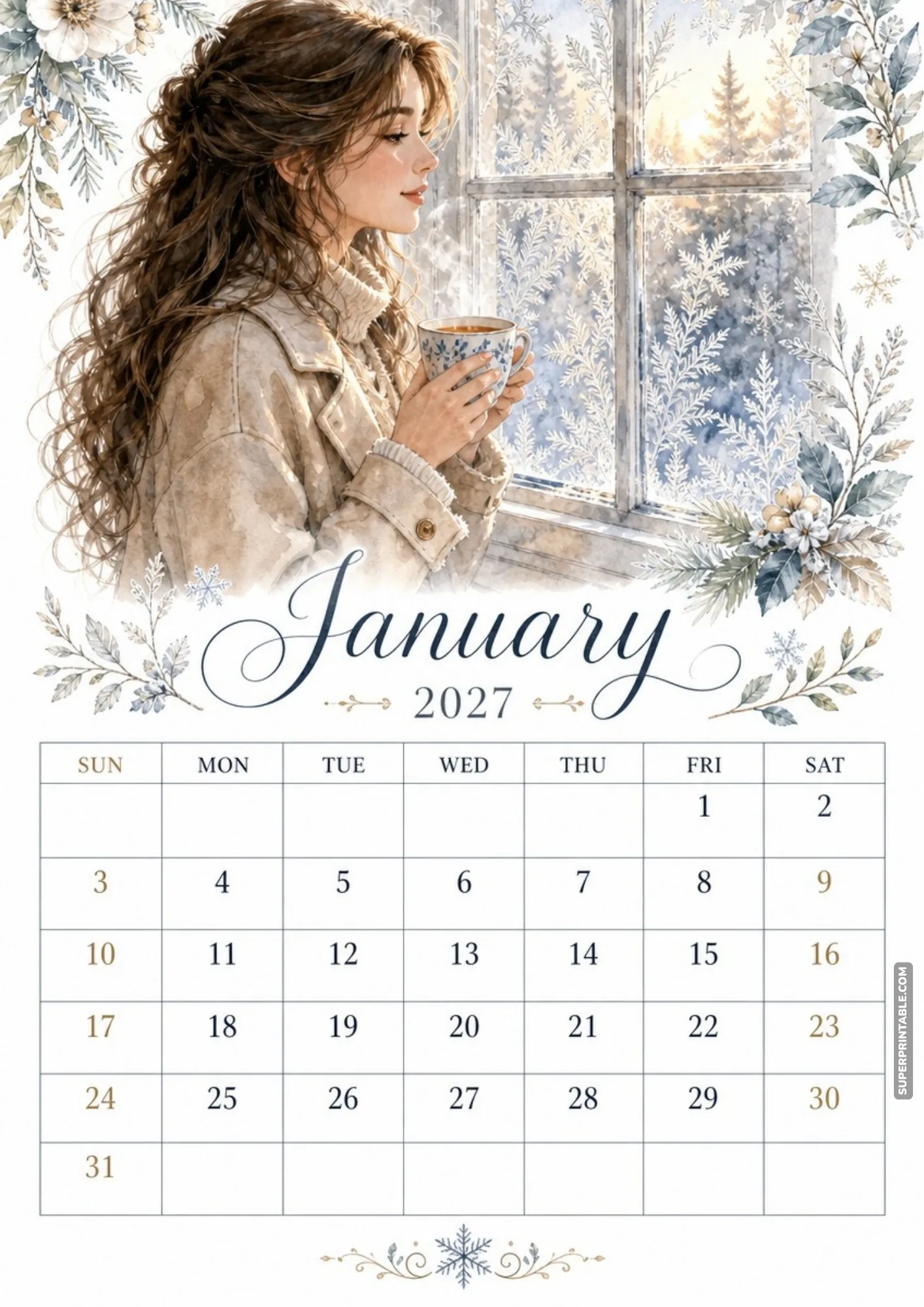 A woman holds a warm patterned mug while looking through a frosted window pane at a winter forest landscape