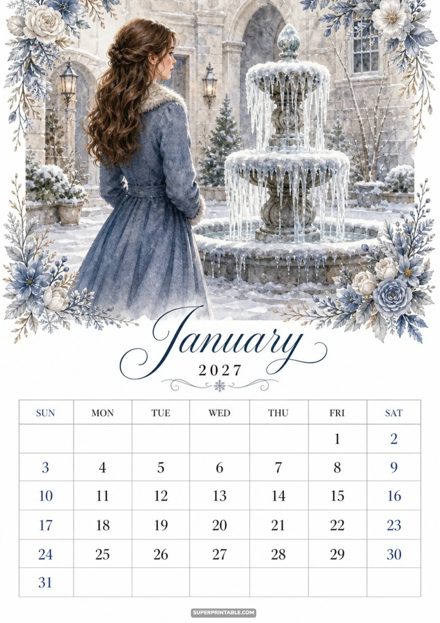 A woman in a blue winter coat admires a frozen tiered fountain covered in icicles in a stone courtyard