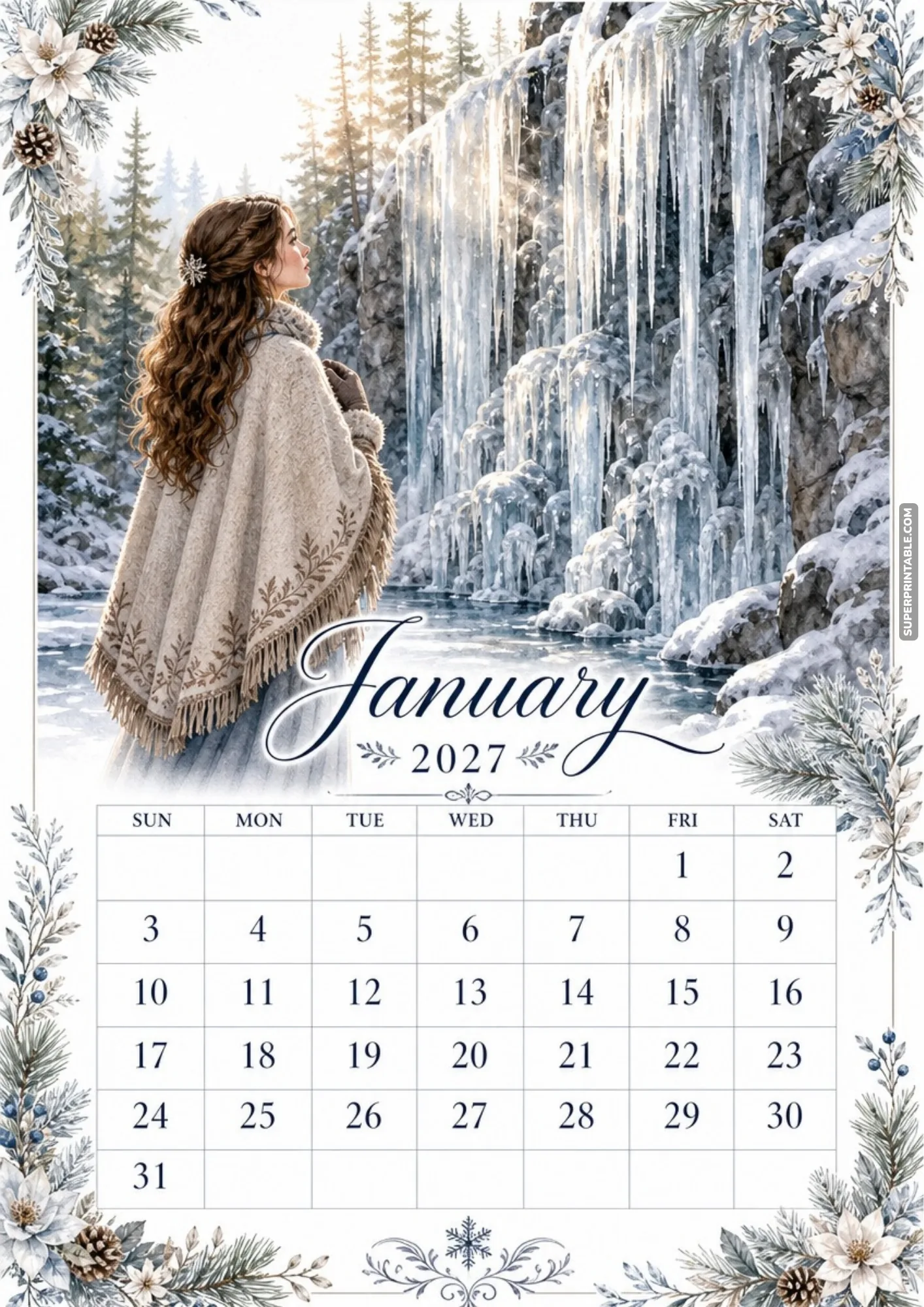 A woman in a warm knit shawl looks at a massive frozen waterfall with hanging icicles in a winter forest