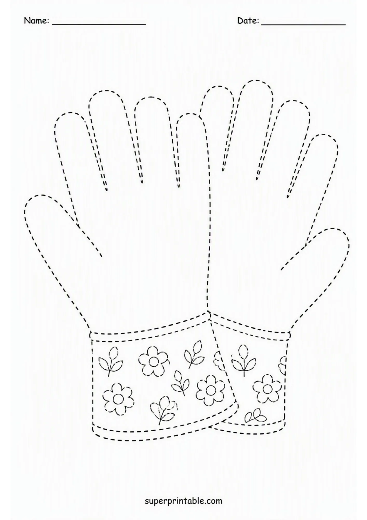 Pair of floral gardening gloves tracing worksheet with dashed lines for preschoool hand-eye coordination.