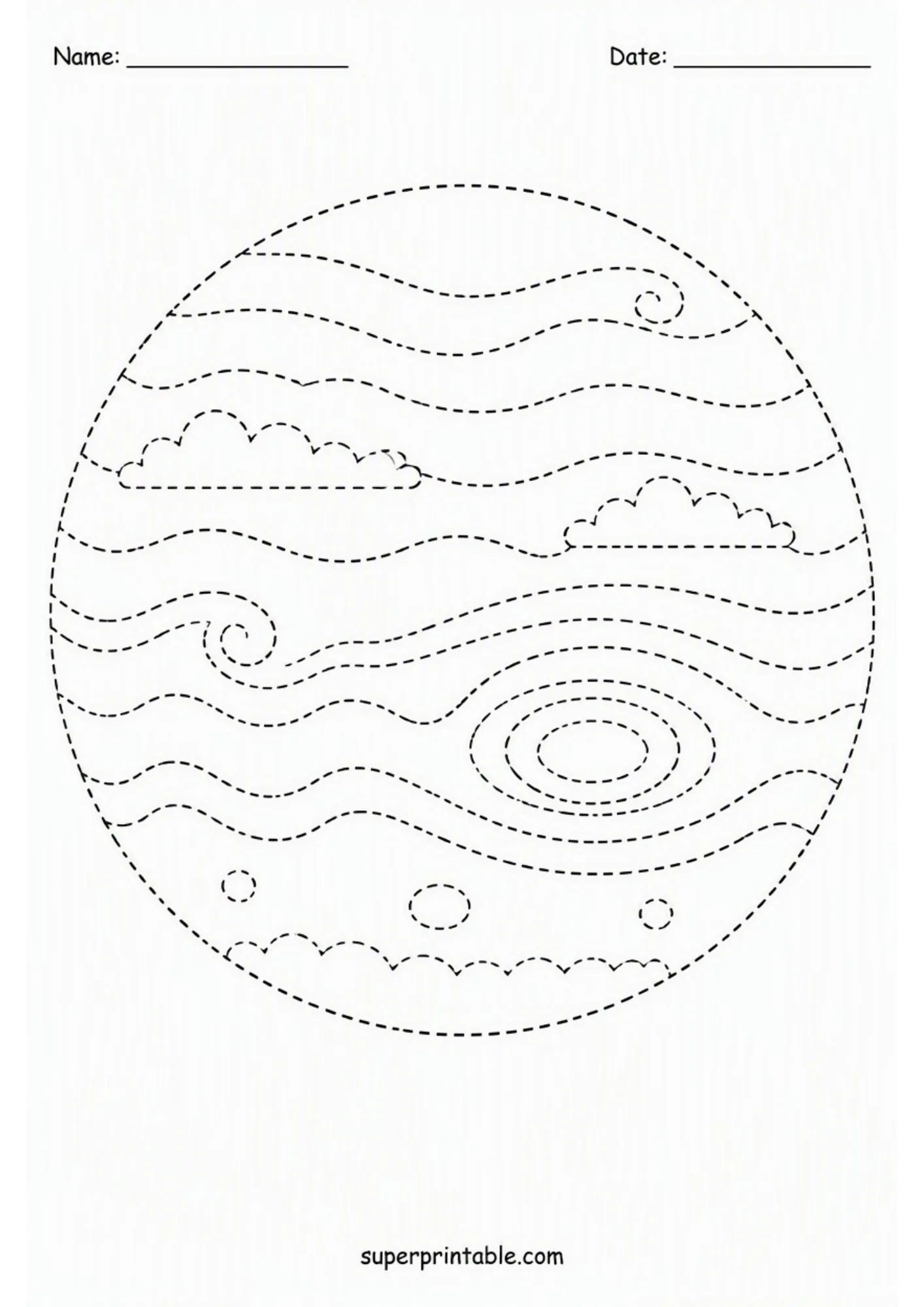 Gas giant planet activity page with wavy cloud bands and atmospheric swirl tracing lines.
