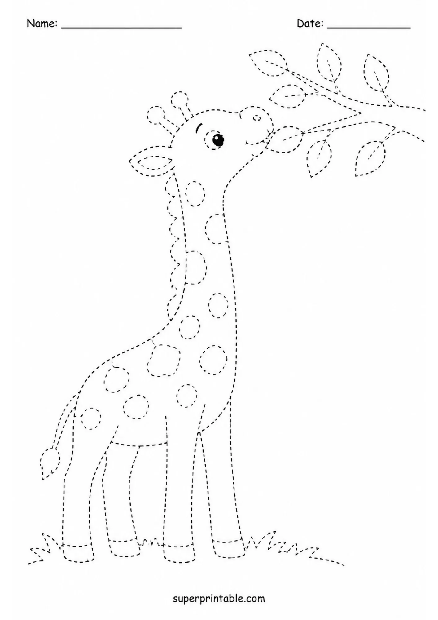 Fun zoo animals activity worksheets showing a tall giraffe eating tree leaves.