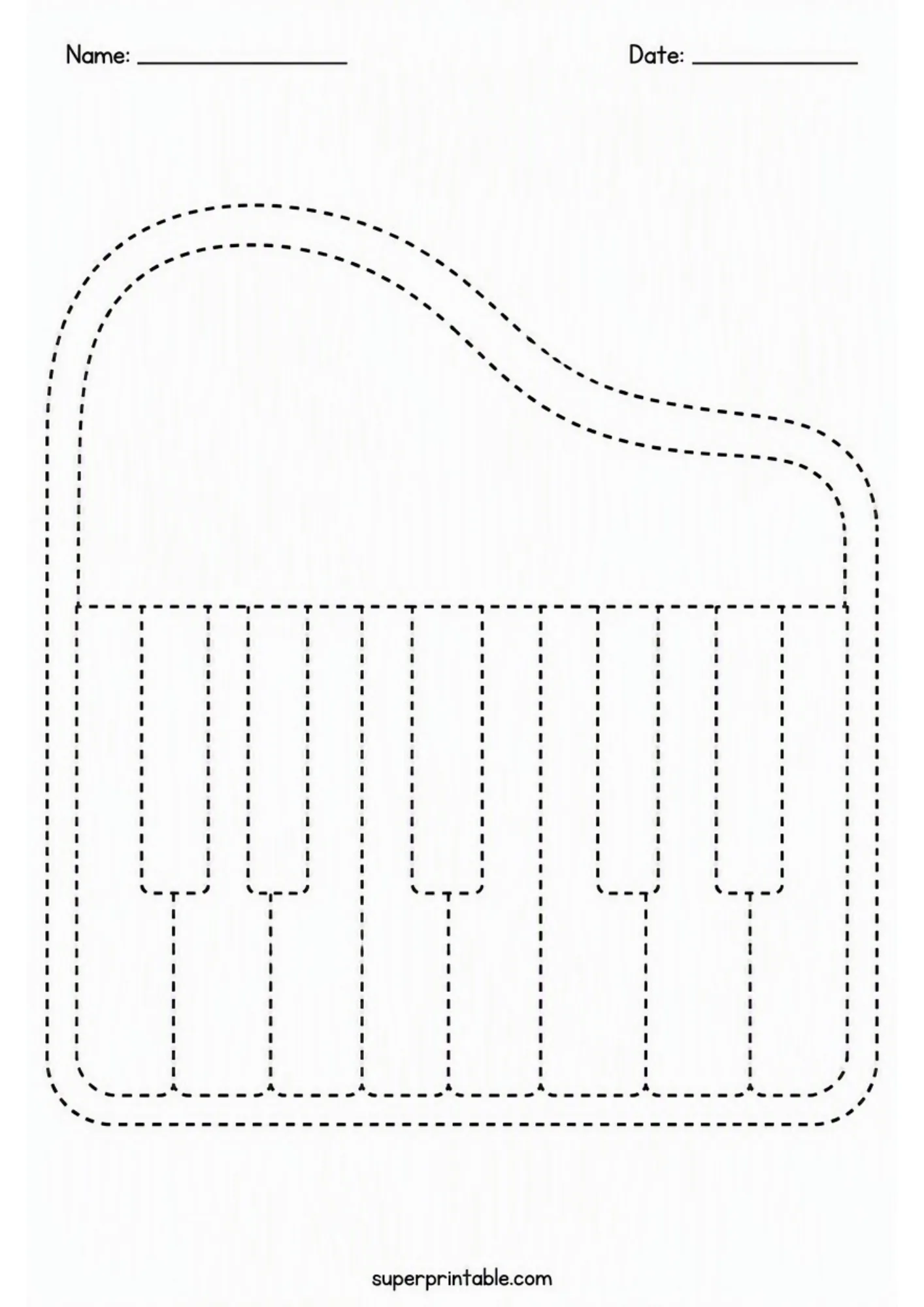 Music room activity worksheets featuring a grand piano keyboard outline for tracing.