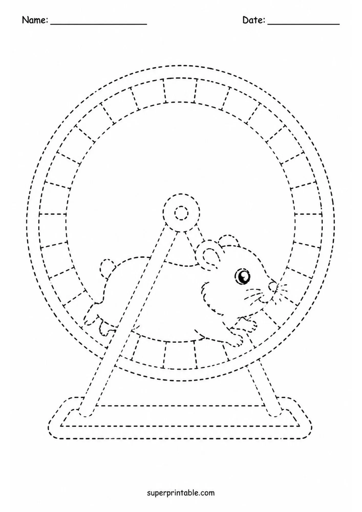 Cute hamster running inside an exercise wheel line tracing worksheet for early learners.