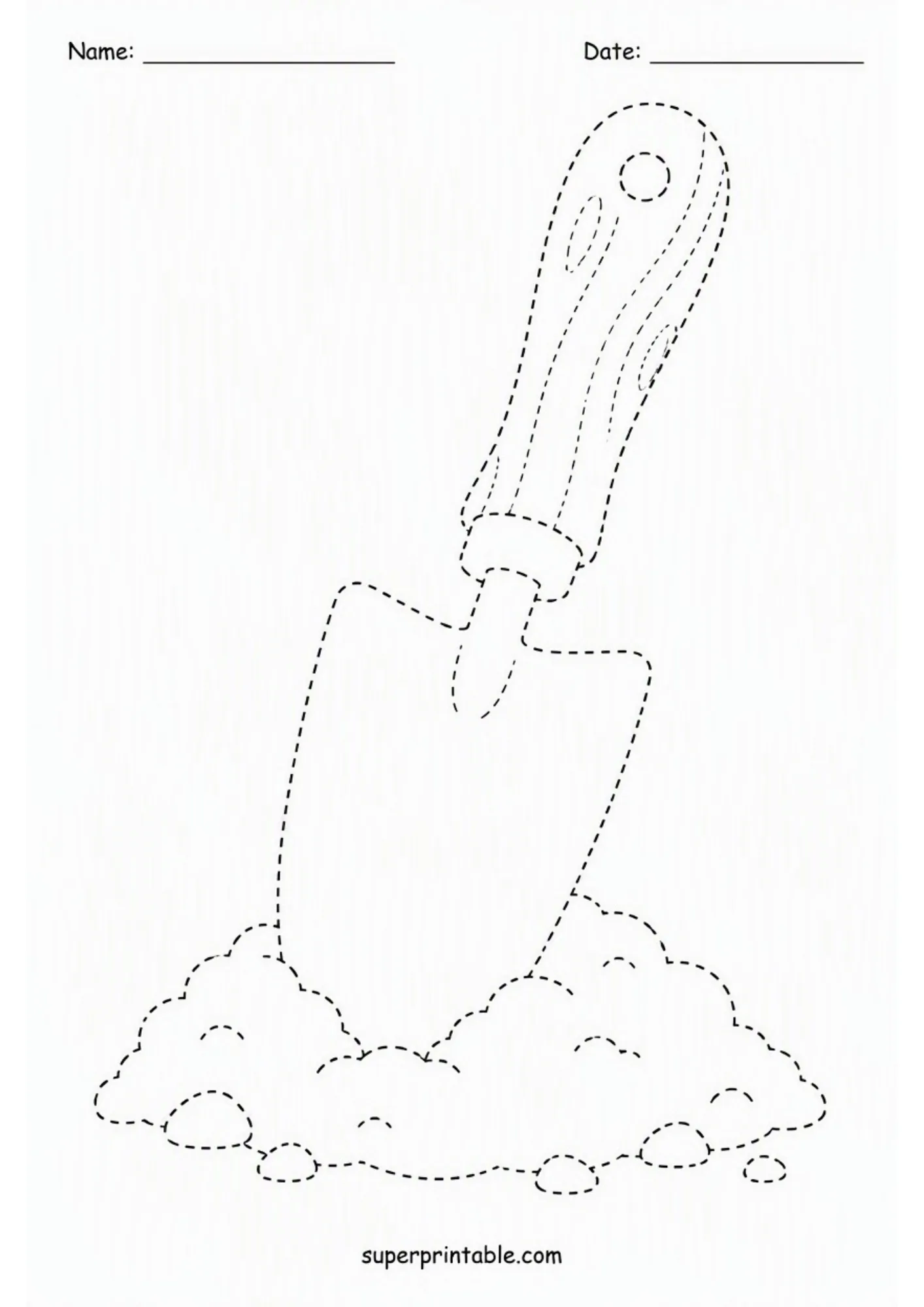 Dotted line tracing worksheet of a small garden hand trowel digging into a mound of soil for kids practice.
