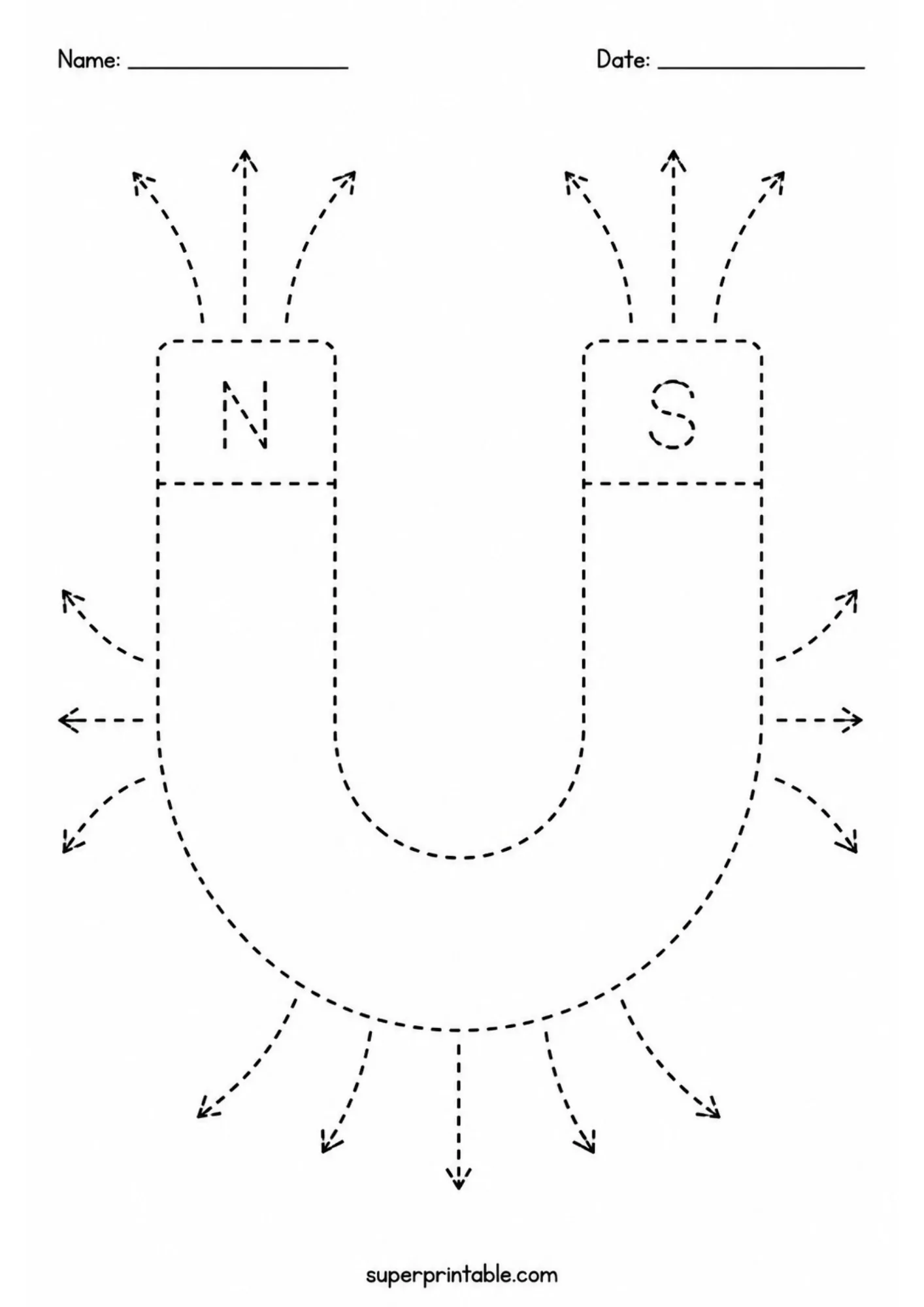Worksheet with dashed outlines of a horseshoe magnet showing north and south magnetic poles.