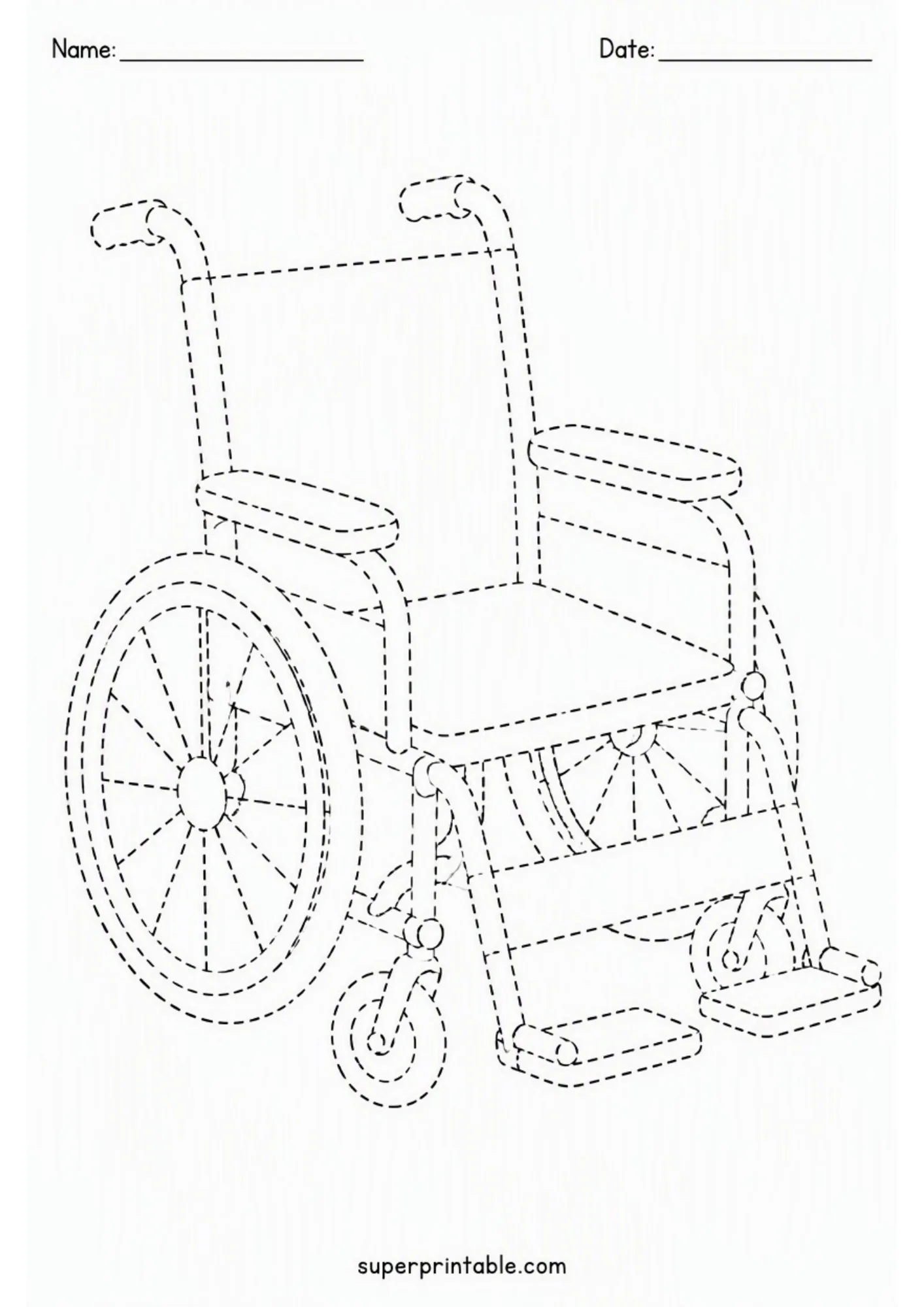 Printable line tracing sheet showing a detailed medical wheelchair with spoked wheels.