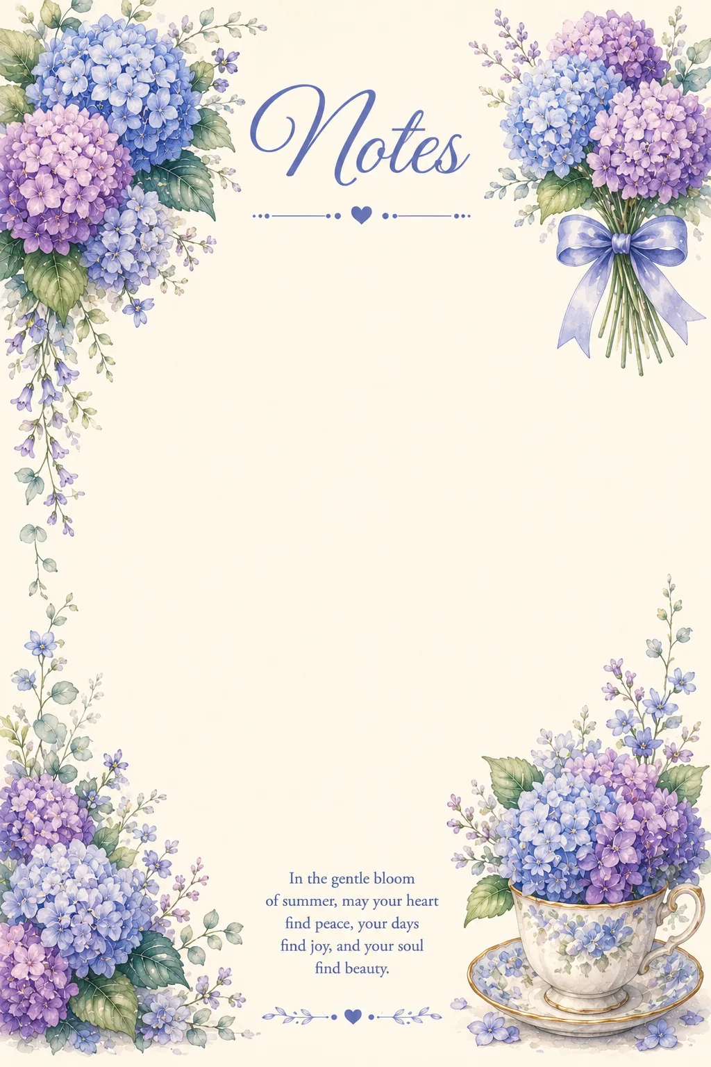 Blue and purple hydrangea bouquets framing elegant notes stationery pages with writing space.