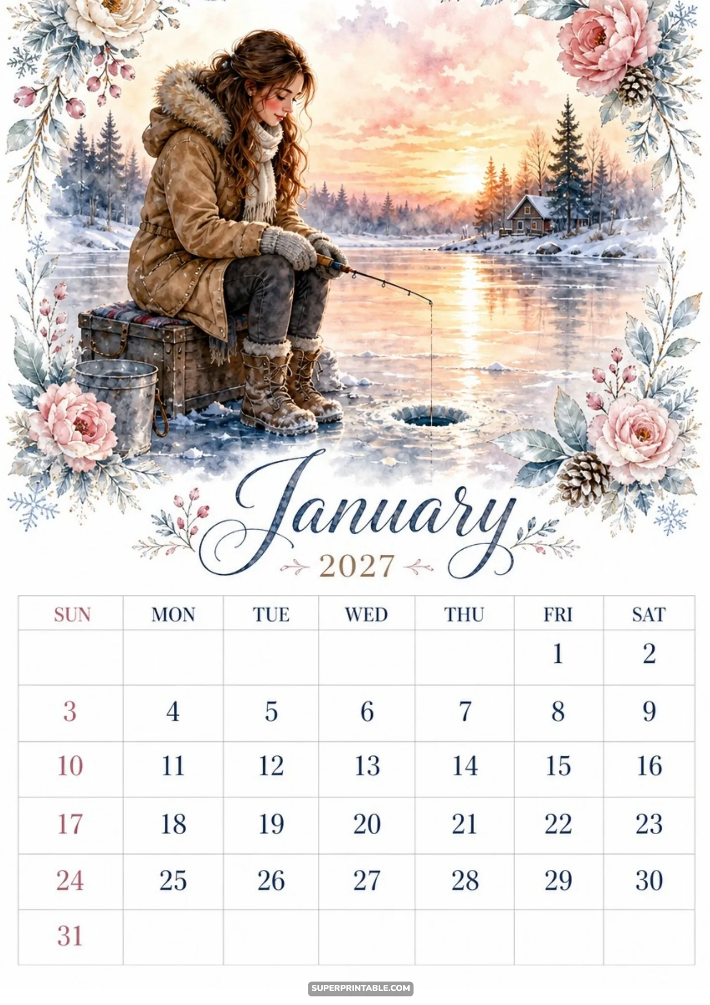 A woman in a winter parka sits on a wooden chest while ice fishing on a frozen lake at sunset