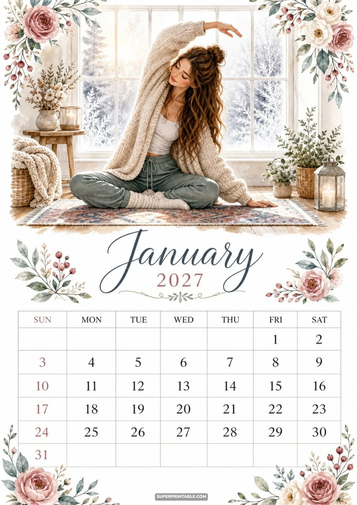 A woman in a cozy sweater performs a yoga stretch on a decorative rug in front of a bright winter window