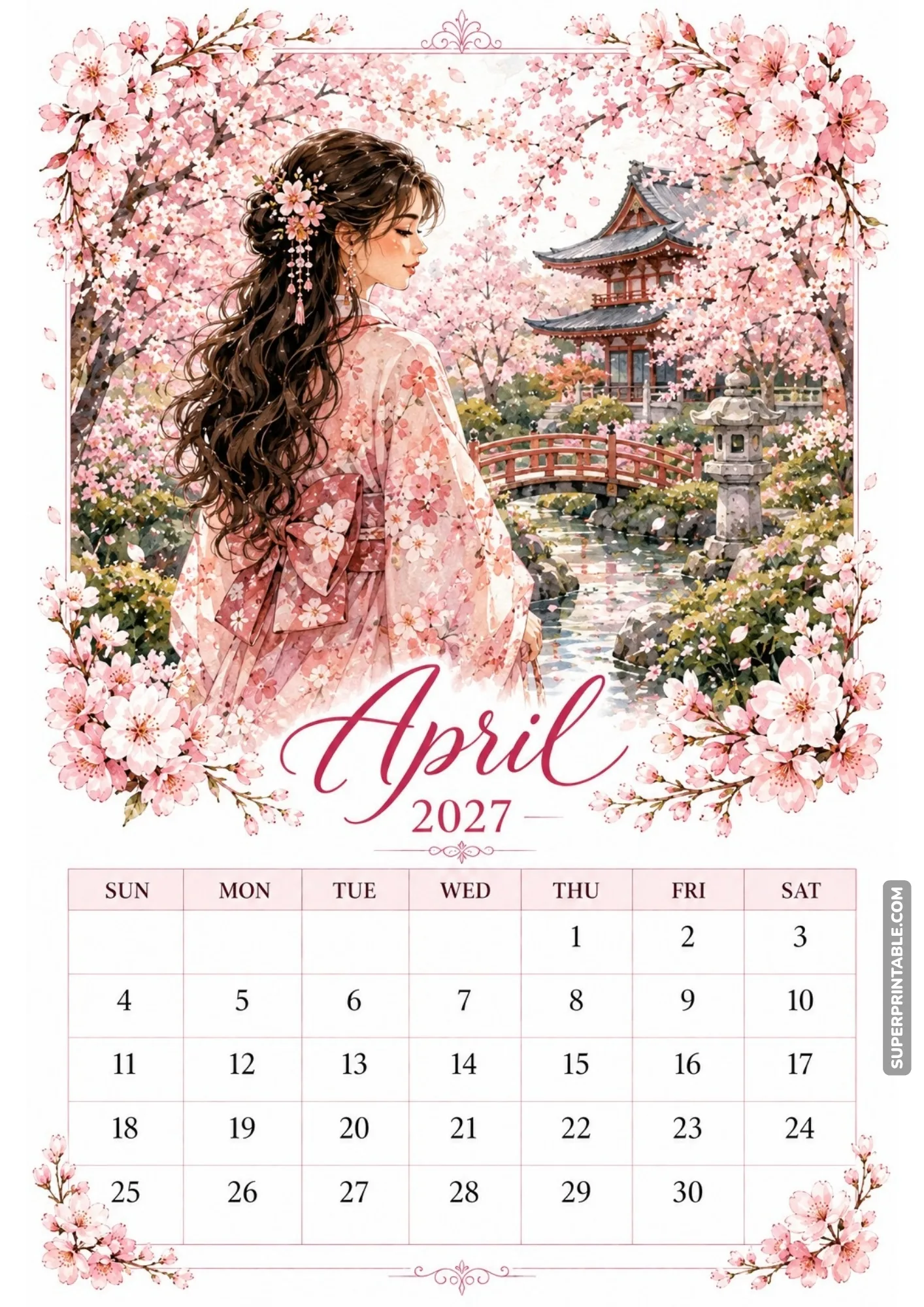 Woman wearing a pink kimono by a traditional Japanese pagoda framed by blooming cherry blossom trees.