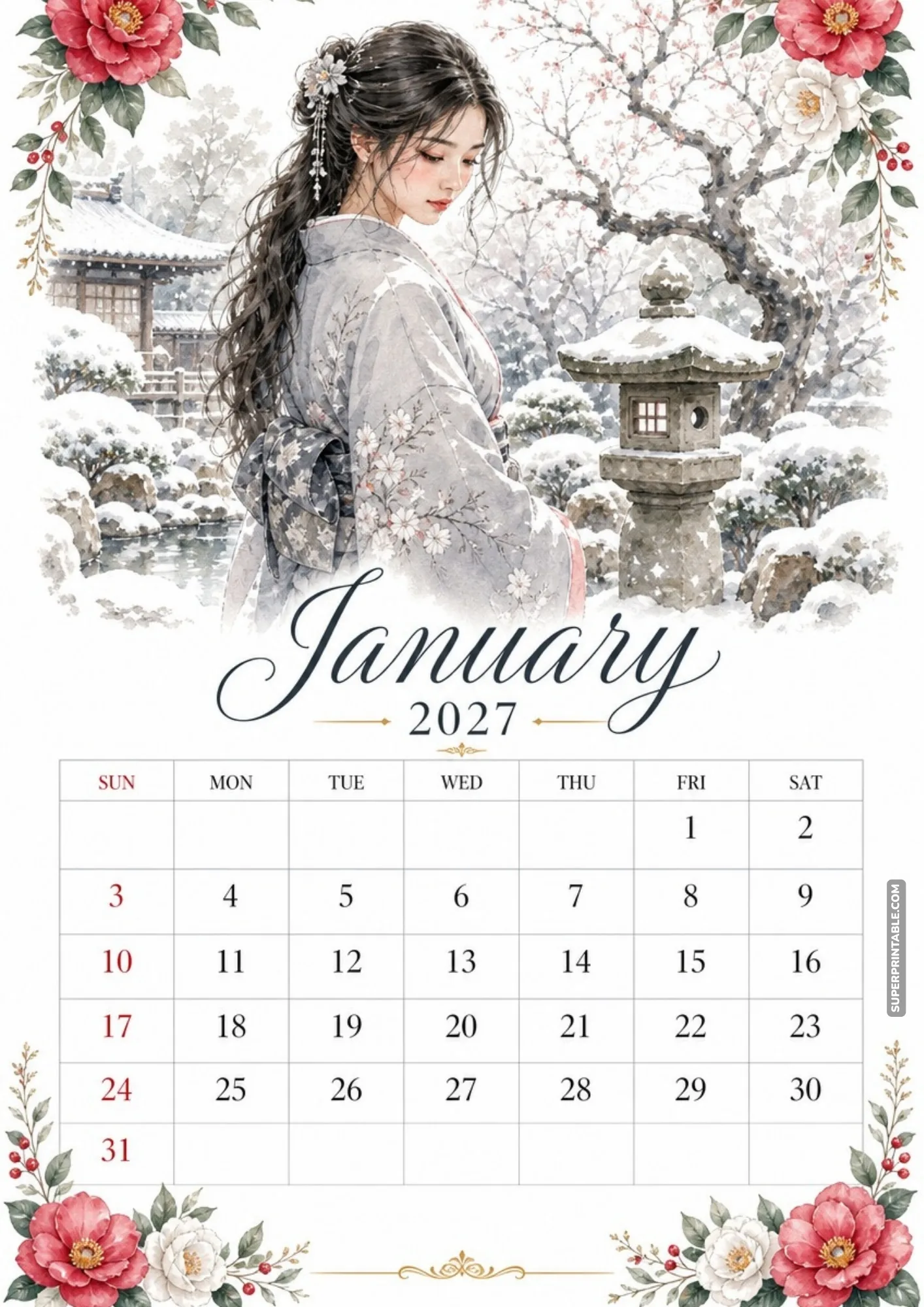 A Japanese woman in a floral kimono stands in a tranquil snow-covered garden beside a stone lantern