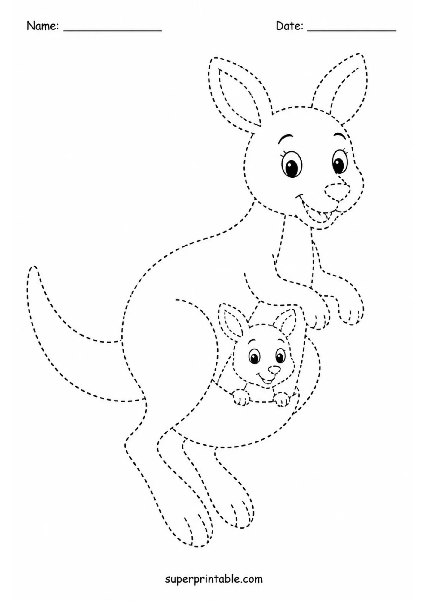 Mother kangaroo with cute joey in pouch fine motor line tracing worksheet.