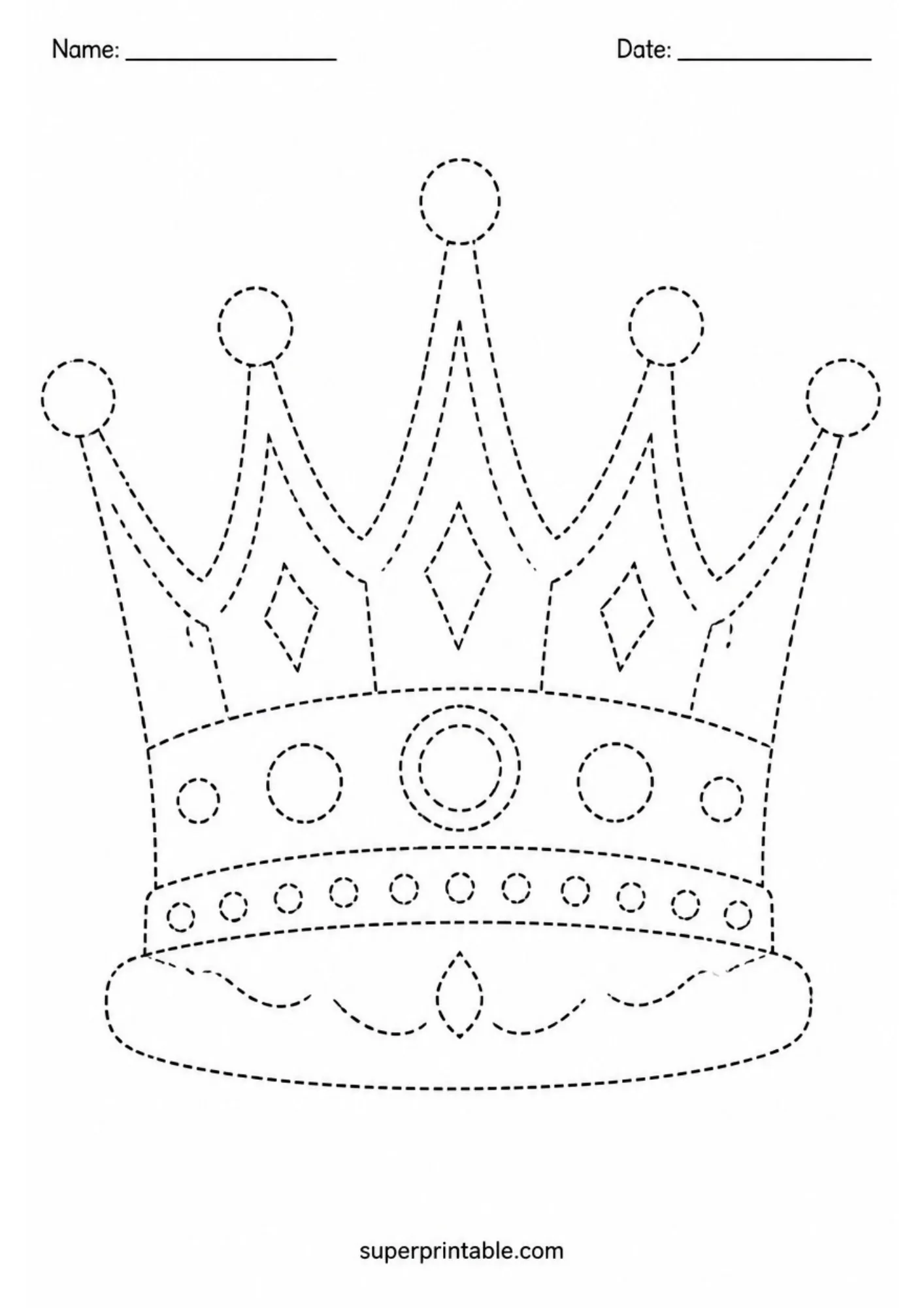 Royal court activity worksheets featuring a printable king crown tracing page for kids.