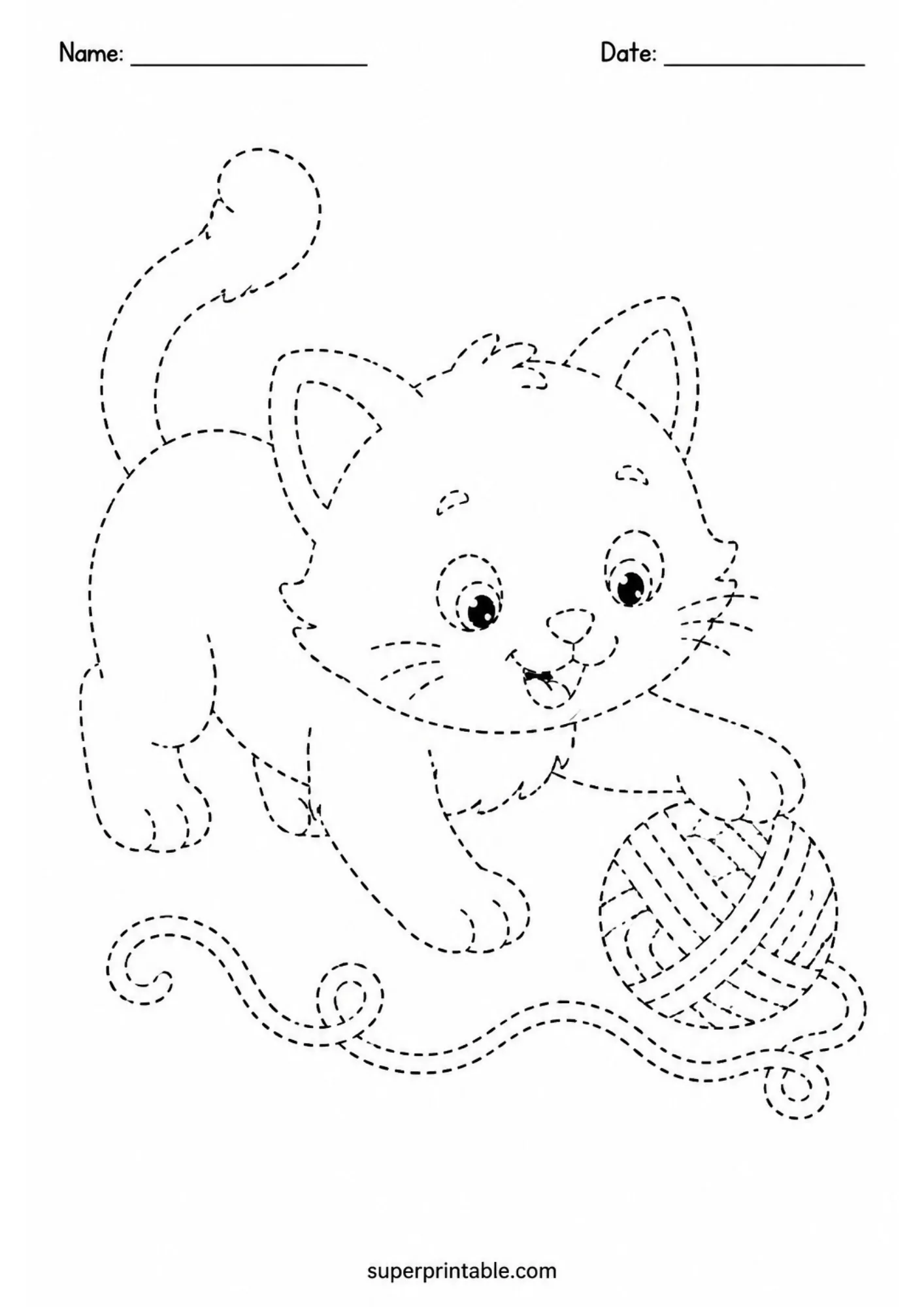Playful kitten yarn ball tracing page for kids to practice line control and drawing skills.