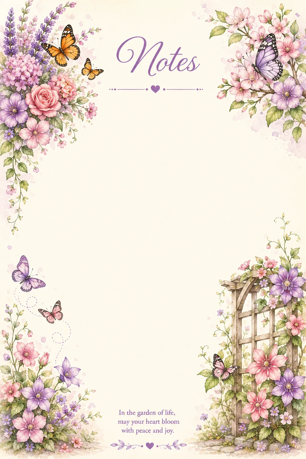 Purple flowers, butterflies and garden trellis framing a soft watercolor writing page.