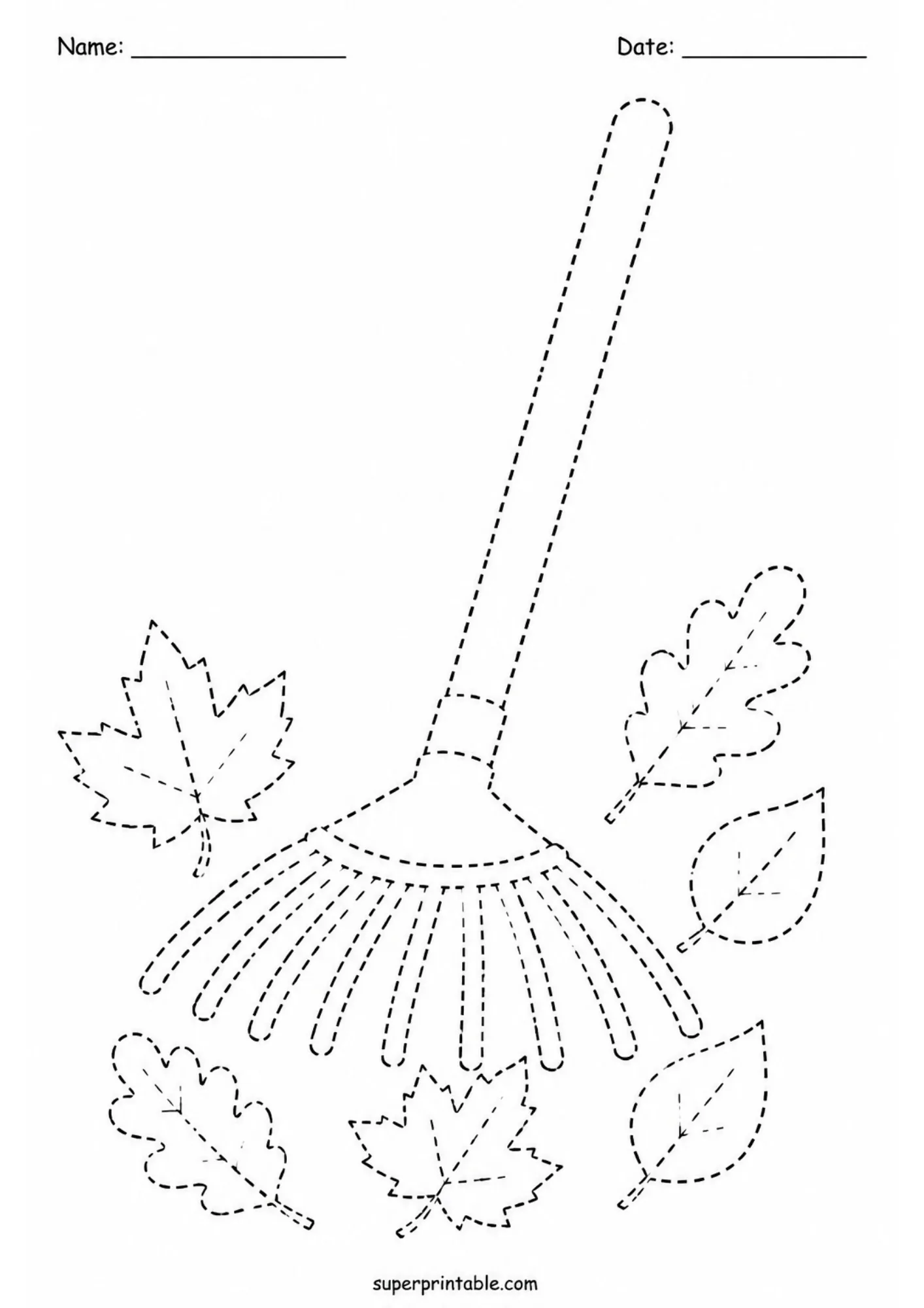 Printable garden rake line tracing page surrounded by fallen oak and maple leaves for early childhood motor practice.