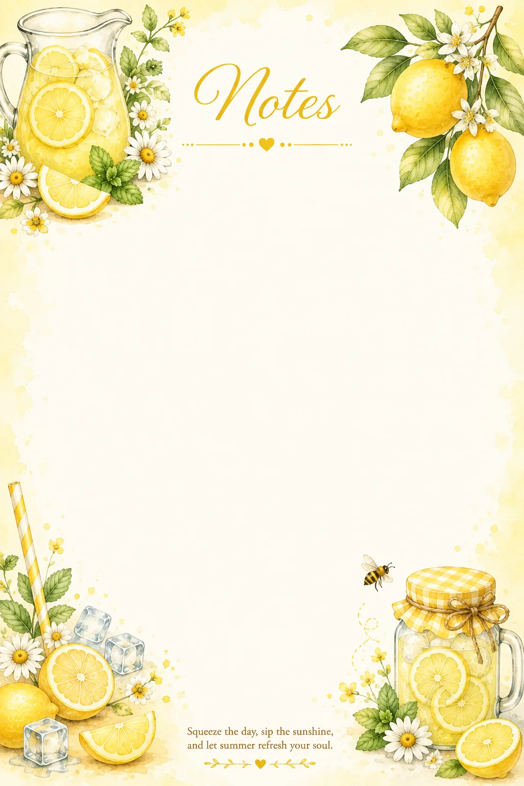 Fresh lemons, lemonade pitcher and daisies framing a watercolor stationery writing sheet.