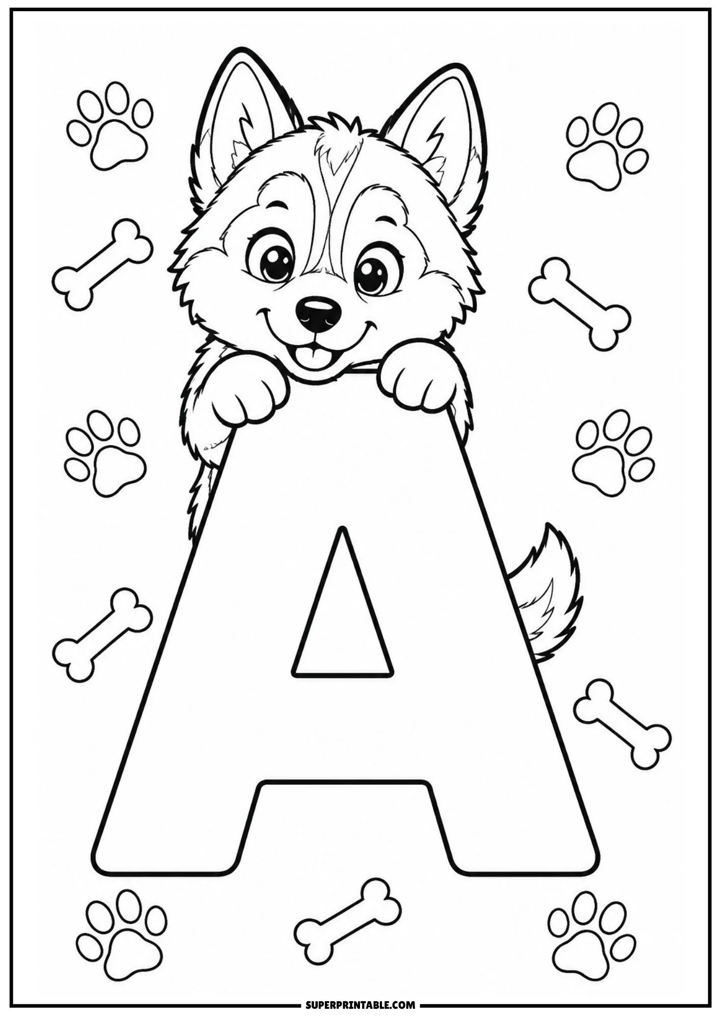 Coloring page of letter A with a Siberian husky puppy, paw prints, and bones.