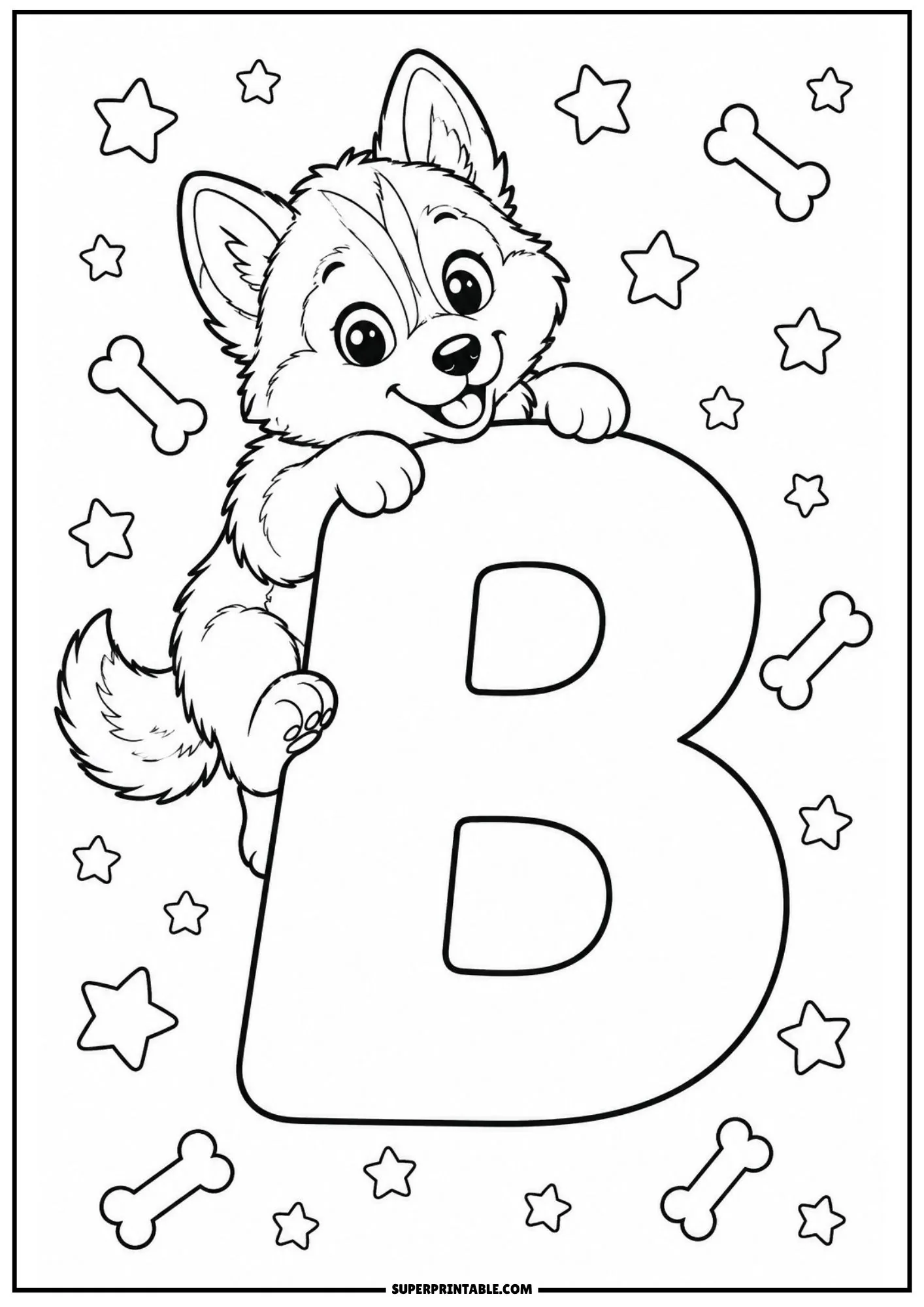 Line art coloring page of letter B with a Siberian husky puppy and stars.