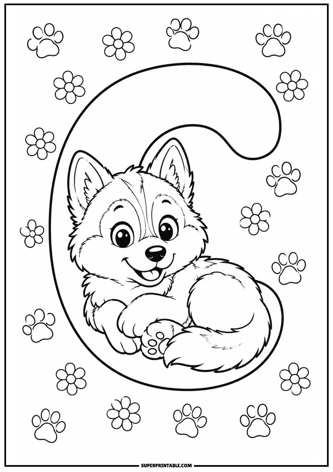 Printable coloring page of letter C with a Siberian husky puppy lying down.