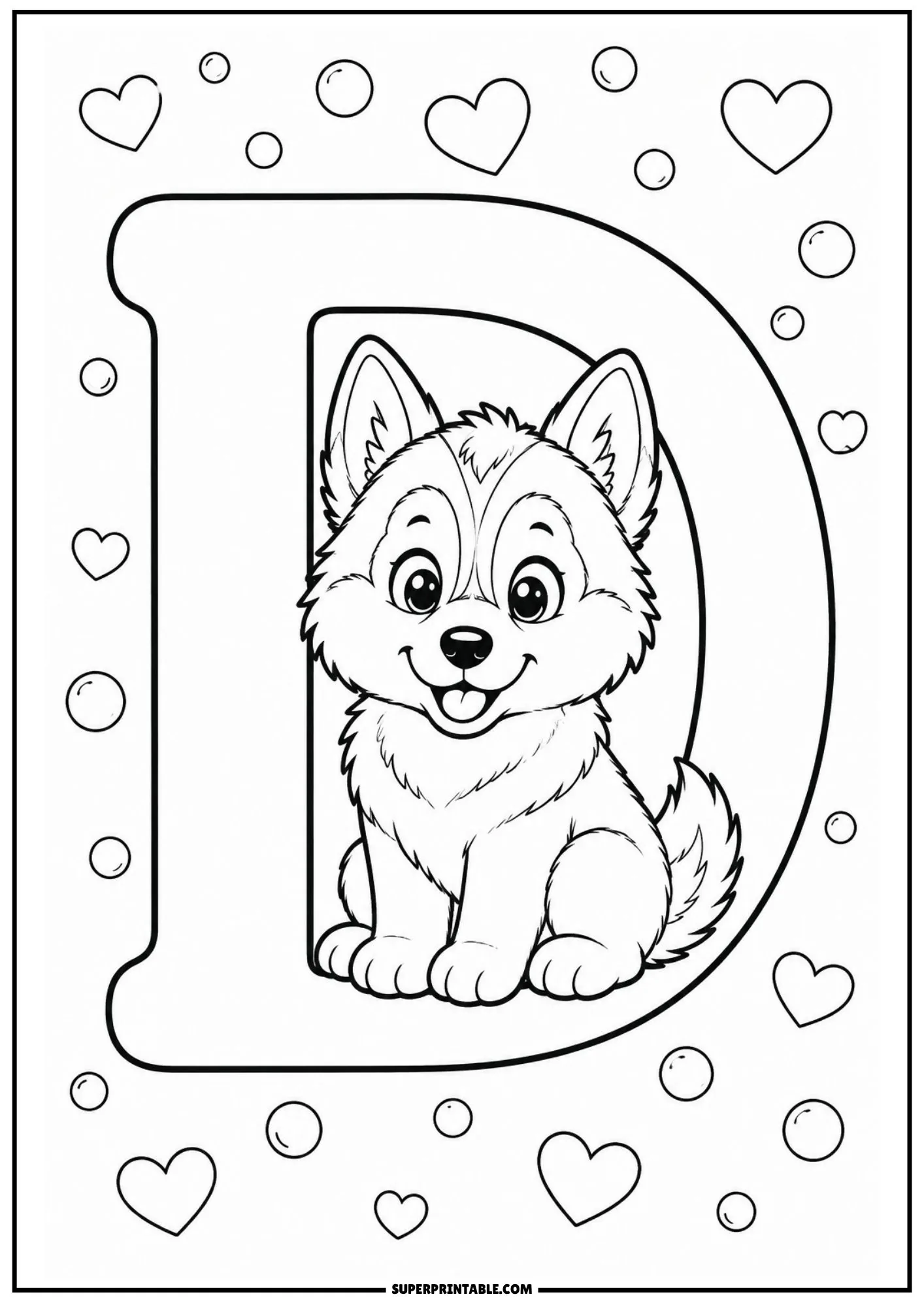 Coloring page of letter D with a Siberian husky puppy sitting inside.