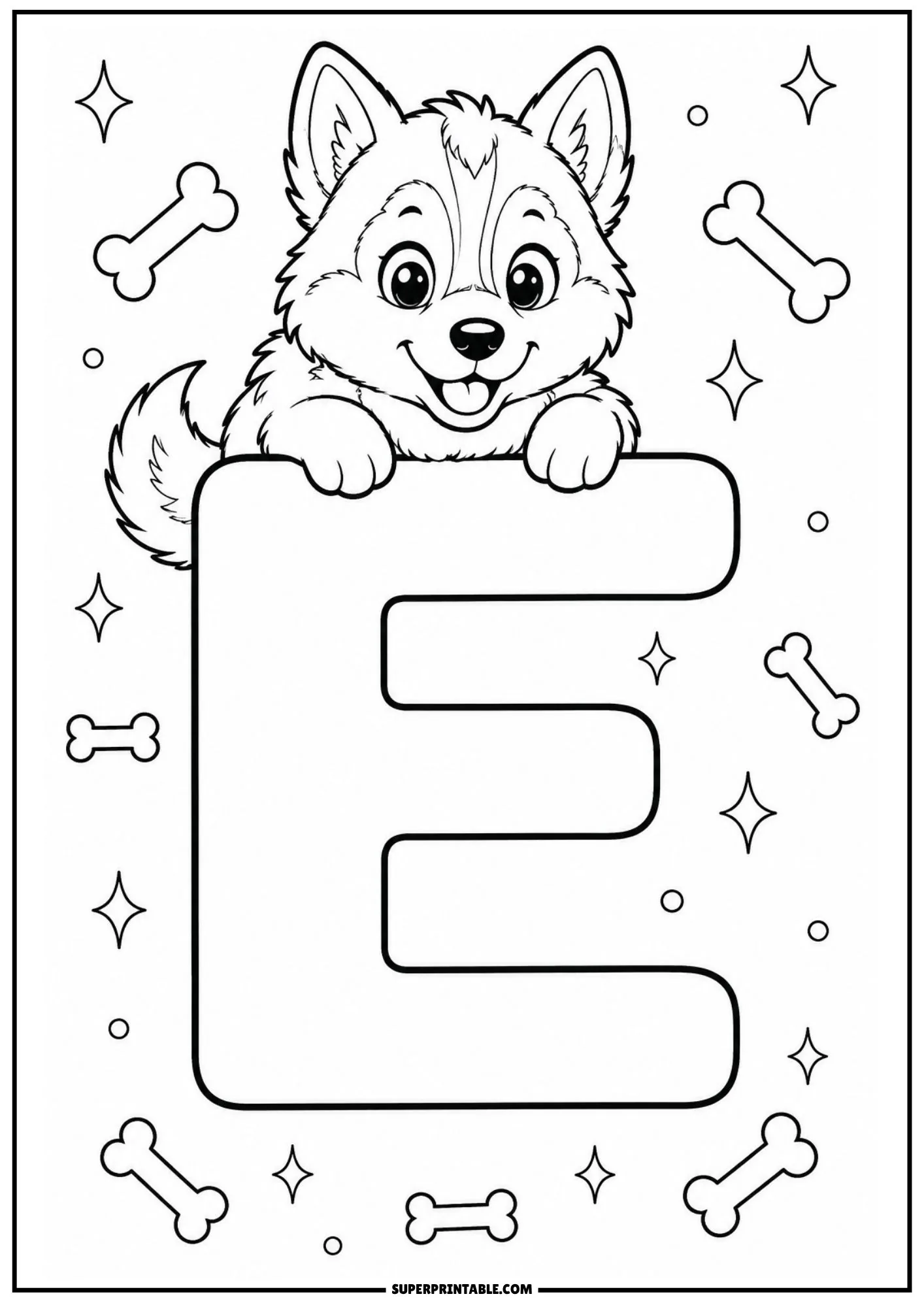 Line art of letter E showing a Siberian husky puppy leaning over the top.