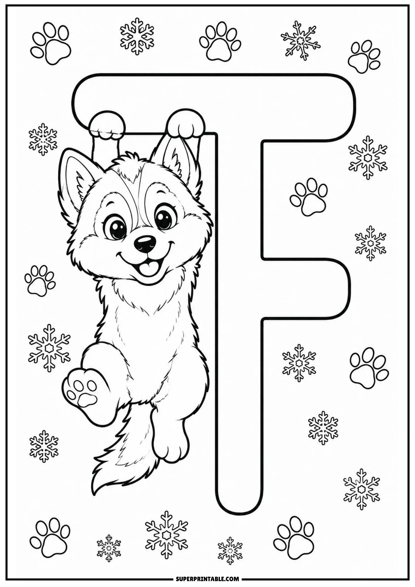 Siberian husky puppy hanging from a large letter F coloring page with snowflakes.
