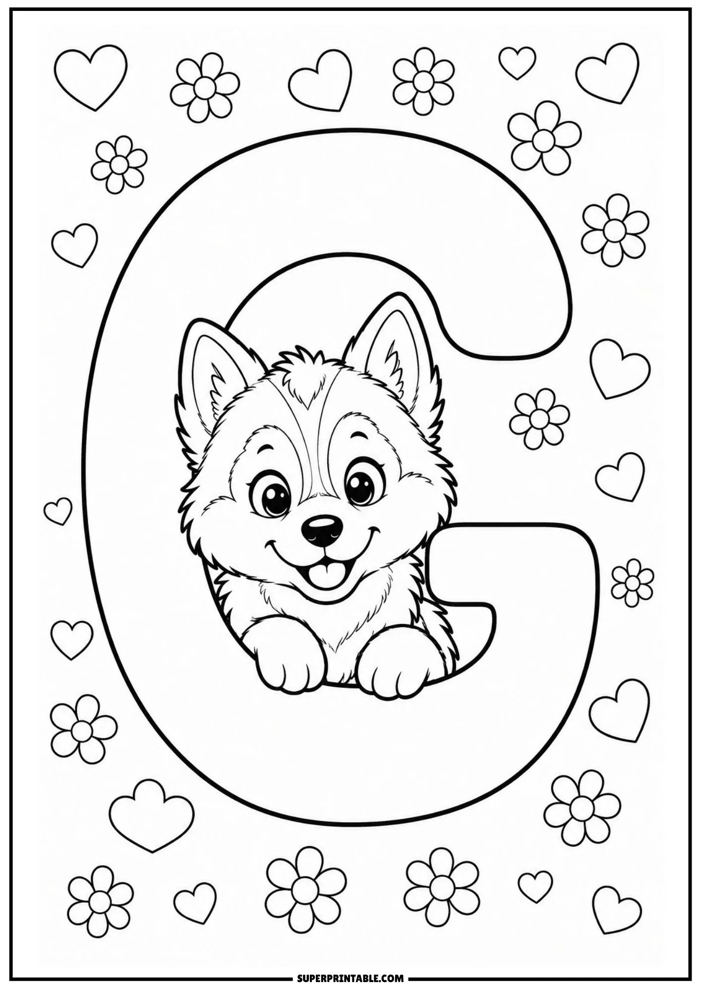 Coloring sheet of letter G featuring a Siberian husky puppy inside the loop.