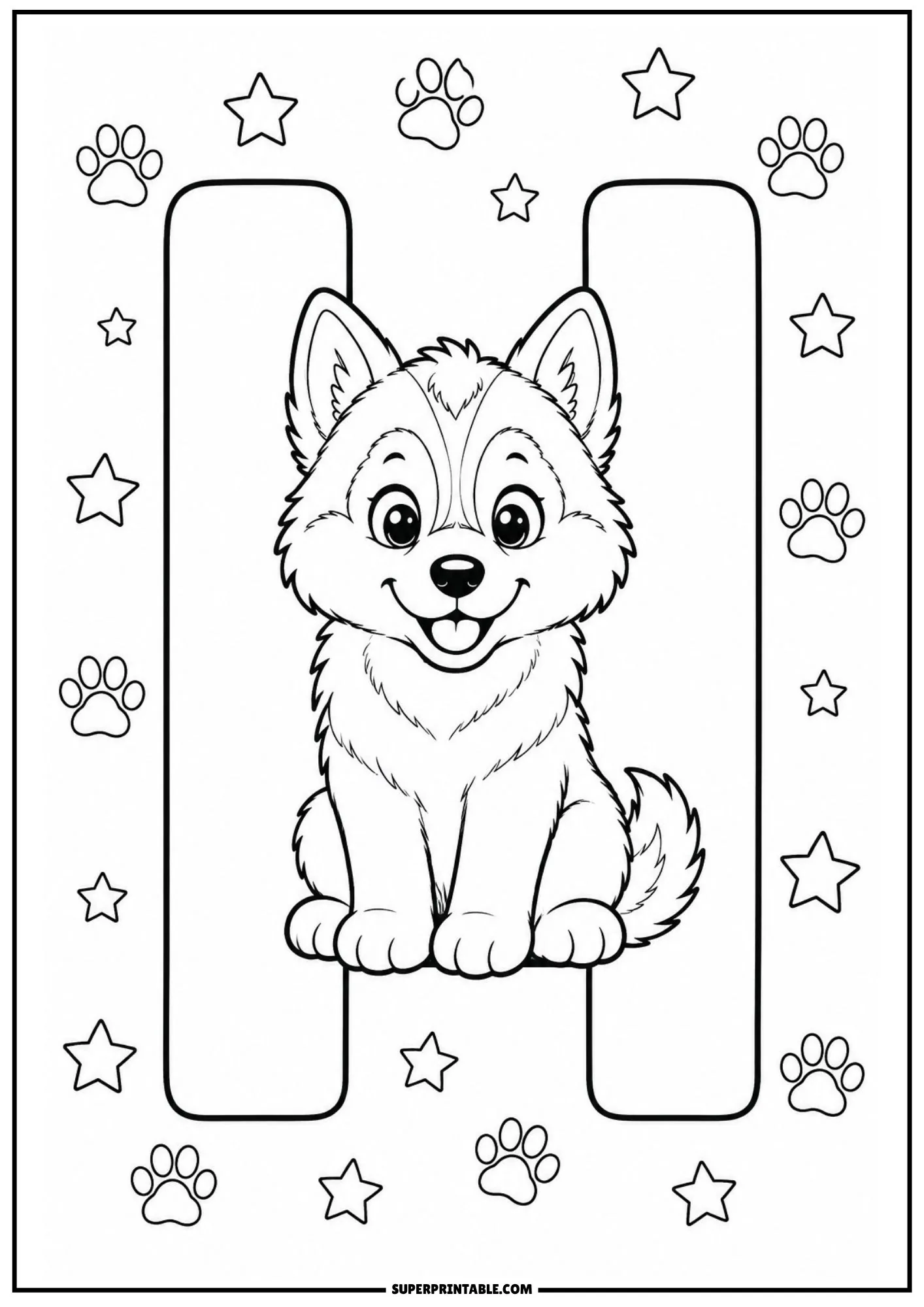 siberian husky alphabet coloring pages featuring letter H with a husky puppy.
